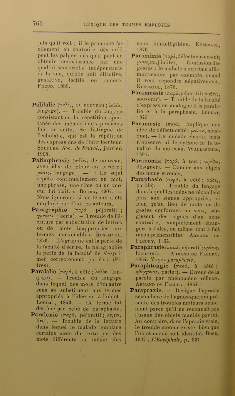 jets qu'il voit ; il le prononce fa- cilement au contraire dès qu’il peut les palper, dès qu’il peut en obtenir connaissance par une qualité sensorielle indépendante de la vue, qu’elle soit olfactive, gustative, tactile ou sonore. Freud, 1880. \ Palilalie , de nouveau ; lalict, langage). — Trouble du langage consistant en la répétition spon- tanée des mêmes’mots plusieurs fois de suite. Se distingue de l’écholalie, qui est la répétition des expressions de l’interlocuteur. Souques, Soc. de Neurol., janvier, 1908. Palimphrasie (ttczAiv, de nouveau, avec idée de retour en arrière ; pouTiç, langage). — <c Le sujet répète continuellement un mot, une phrase, une rime ou un vers qui lui plaît. » Rouma, 1907. — Nous ignorons si ce terme a été employé par d’autres auleurs. Paragraphie (Tiapâ. péjoratif ; ypatféw, j'écris). — Trouble de l’é- criture par substitution de lettres ou de mots inappropriés aux termes convenables. Kussmvul, 1876. — L’agrapliie est la perte de la faculté d’écrire, la paragraphie la perte de la faculté de s’expri- mer correctement par écrit (Pi- tres) . Paralalie (napà, à côté ; lullx, lan- gage). — Trouble du langage dans lequel des mots d'un autre sens se substituent aux termes appropriés à l'idée ou à l’objet. Lordat, 1843. — Ce terme fut détrôné par celui de paraphasie. Paralexie (nupi, péjoratif; 7eystv, lire). — Trouble de la lecture dans lequel le malade remplace certains mots du texte par des mots différents ou même des sons inintelligibles. Kussmaul 1876. Paramimie (napi,défectueusement; pip.sop.ca,j’imite). — Confusion des gestes : le malade s’exprime affir- mativement par exemple, quand il veut répondre négativement. Kussmaul, 1876. Paramnésie (rrupà,péjoratif; pvvjui;, souvenir). — Trouble de la faculté d'expression analogue à la parala- lie et à la paraphasie. Lordat 1843, Paramusie (nu.pÿ., implique une idée de défectuosité ; p-oîiac/., musi- que). — Le malade charte, mais n’observe ni le rythme ni la to- nalité du morceau. Wallaschek, 1891. Paranomia (r.upôc, à tort ; vop’Çw, désigner). — Donner aux objets des noms erronés. Paraphasie (nupà., à côté ; tfôccrt;, parole). — Trouble du langage dans lequel les idées ne répondent plus aux signes appropriés, si bien qu'au lieu de mots ou de gestes conformes au sens, sur- gissent des signes d’un sens contraire, complètement étran- gers à l’idée, ou même tout à fait incompréhensibles. Armand de Fleury, 1 64. Paraphrasie [Ttupâ., péjoratif \cfp6an;, locution). — Armand de Fleury, 1864. Voyez paraphasie. Paraphtongie (jzv.pi., à côté ; cpÔéyyopou, parler). — Erreur delà parole par phénomène réflexe. Armand de Fleury, 1864. Parapraxie. — Désigne l'apraxie secondaire de l’agnosique,qui pré- sente des troubles moteurs seule- ment parce qu’il ne reconnaît pas l’usage des objets maniés par lui. Au contraire, dans l’apraxie vraie, le trouble moteur existe, bien que l'objet manié soit identifié. Rose, 1907 ; L'Encéphale, p. 531.