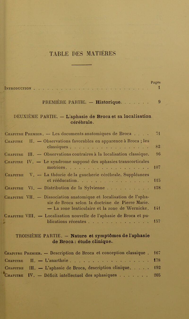 Pages Introduction 1 PREMIÈRE PARTIE. — Historique 9 DEUXIÈME PARTIE. — L’aphasie de Broca et sa localisation cérébrale. Chapitre Premier. —Les documents anatomiques de Broca .... 71 Chapitre II. — Observations favorables en apparence à Broca ; les classiques 82 Chapitre III. — Observations contraires à la localisation classique. 96 Chapitre IV. — Le syndrome supposé des aphasies transcorticales motrices 107 Chapitre V. — La théorie delà gaucherie cérébrale. Suppléances et rééducation 115 Chapitre VI. — Distribution de la Sylvienne 128 Chapitre VU. — Dissociation anatomique et localisation de l’apha- sie de Broca selon la doctrine de Pierre Marie. — La zone lenticulaire et la zone de Wernicke. 141 Chapitre VIII. — Localisation nouvelle de l’aphasie de Broca et pu- blications récentes 157 TROISIÈME PARTIE. — Nature et symptômes de l’aphasie de Broca : étude clinique. Chapitre Premier. — Description de Broca et conception classique . 167 Chapitre II. — L’anarthrie 178 Chapitre III. — L’aphasie de Broca, description clinique 192 ^Chapitre IV. — Déficit intellectuel des aphasiques 205