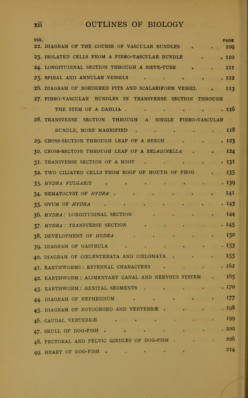 FIG. 22. 23. 24. 25. 26. 27. 28. 29. 30. Si- 32. 33- 34- 35- 36. 37- 38. 39- 40. 41. 42. 43- 44. 45- 46. 47- 48. 49- page DIAGRAM OF THE COURSE OF VASCULAR BUNDLES . . 109 ISOLATED CELLS FROM A FIBRO-VASCULAR BUNDLE . .110 LONGITUDINAL SECTION THROUGH A SIEVE-TUBE . . Ill SPIRAL AND ANNULAR VESSELS . . . . .112 DIAGRAM OF BORDERED PITS AND SCALARIFORM VESSEL . 113 FIBRO-VASCULAR BUNDLES IN TRANSVERSE SECTION THROUGH THE STEM OF A DAHLIA . . . . . . Il6 TRANSVERSE SECTION THROUGH A SINGLE FIBRO-VASCULAR BUNDLE, MORE MAGNIFIED .... CROSS-SECTION THROUGH LEAF OF A BEECH CROSS-SECTION THROUGH LEAF OF A SBLAGINBLLA TRANSVERSE SECTION OF A ROOT . TWO CILIATED CELLS FROM ROOF OF MOUTH OF FROG HYDRA VULGARIS ..... NEMATOCYST OF HYDRA ..... OVUM OF HYDRA ...... hydra: longitudinal section HYDRA : TRANSVERSE SECTION DEVELOPMENT OF HYDRA .... DIAGRAM OF GASTRULA .... DIAGRAM OF CCELENTERATA AND CCELOMATA . EARTHWORMS: EXTERNAL CHARACTERS EARTHWORM : ALIMENTARY CANAL AND NERVOUS SYSTEM EARTHWORM : GENITAL SEGMENTS . DIAGRAM OF NEPHRIDIUM .... DIAGRAM OF NOTOCHORD AND VERTEBRA . CAUDAL VERTEBRAS ..... SKULL OF DOG-FISH ..... PECTORAL AND PELVIC GIRDLES OF DOG-FISH . HEART OF DOG-FISH ..... Il8 123 124 131 135 139 141 143 144 145 150 153 155 162 165 170 177 198 199 200 206 214