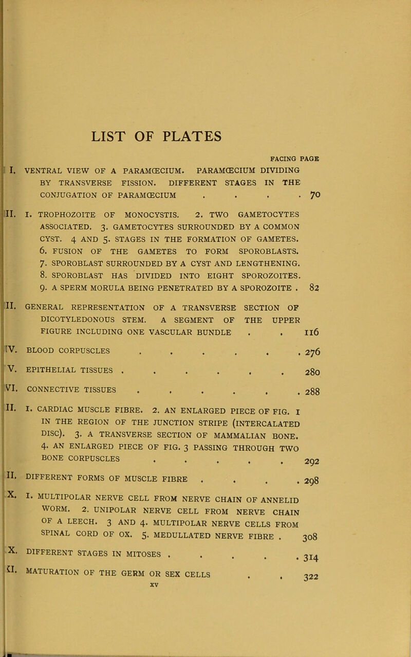 LIST OF PLATES FACING PAGE I. VENTRAL VIEW OF A PARAMCECIUM. PARAMCECIUM DIVIDING BY TRANSVERSE FISSION. DIFFERENT STAGES IN THE CONJUGATION OF PARAMCECIUM . . . -7° II. I. TROPHOZOITE OF MONOCYSTIS. 2. TWO GAMETOCYTES ASSOCIATED. 3. GAMETOCYTES SURROUNDED BY A COMMON CYST. 4 AND 5. STAGES IN THE FORMATION OF GAMETES. 6. FUSION OF THE GAMETES TO FORM SPOROBLASTS. 7- SPOROBLAST SURROUNDED BY A CYST AND LENGTHENING. 8. SPOROBLAST HAS DIVIDED INTO EIGHT SPOROZOITES. 9- A SPERM MORULA BEING PENETRATED BY A SPOROZOITE . 82 II. GENERAL REPRESENTATION OF A TRANSVERSE SECTION OF DICOTYLEDONOUS STEM. A SEGMENT OF THE UPPER FIGURE INCLUDING ONE VASCULAR BUNDLE . . Il6 IV. V. VI. II. II. X. X. a BLOOD CORPUSCLES EPITHELIAL TISSUES . CONNECTIVE TISSUES . 276 280 . 288 I. CARDIAC MUSCLE FIBRE. 2. AN ENLARGED PIECE OF FIG. I IN THE REGION OF THE JUNCTION STRIPE (INTERCALATED DISC). 3. A TRANSVERSE SECTION OF MAMMALIAN BONE. 4. AN ENLARGED PIECE OF FIG. 3 PASSING THROUGH TWO BONE CORPUSCLES DIFFERENT FORMS OF MUSCLE FIBRE . 298 I. MULTIPOLAR NERVE CELL FROM NERVE CHAIN OF ANNELID WORM. 2. UNIPOLAR NERVE CELL FROM NERVE CHAIN OF A LEECH. 3 AND 4. MULTIPOLAR NERVE CELLS FROM SPINAL CORD OF OX. 5. MEDULLATED NERVE FIBRE . DIFFERENT STAGES IN MITOSES . maturation of the germ or sex cells XV • 314 322