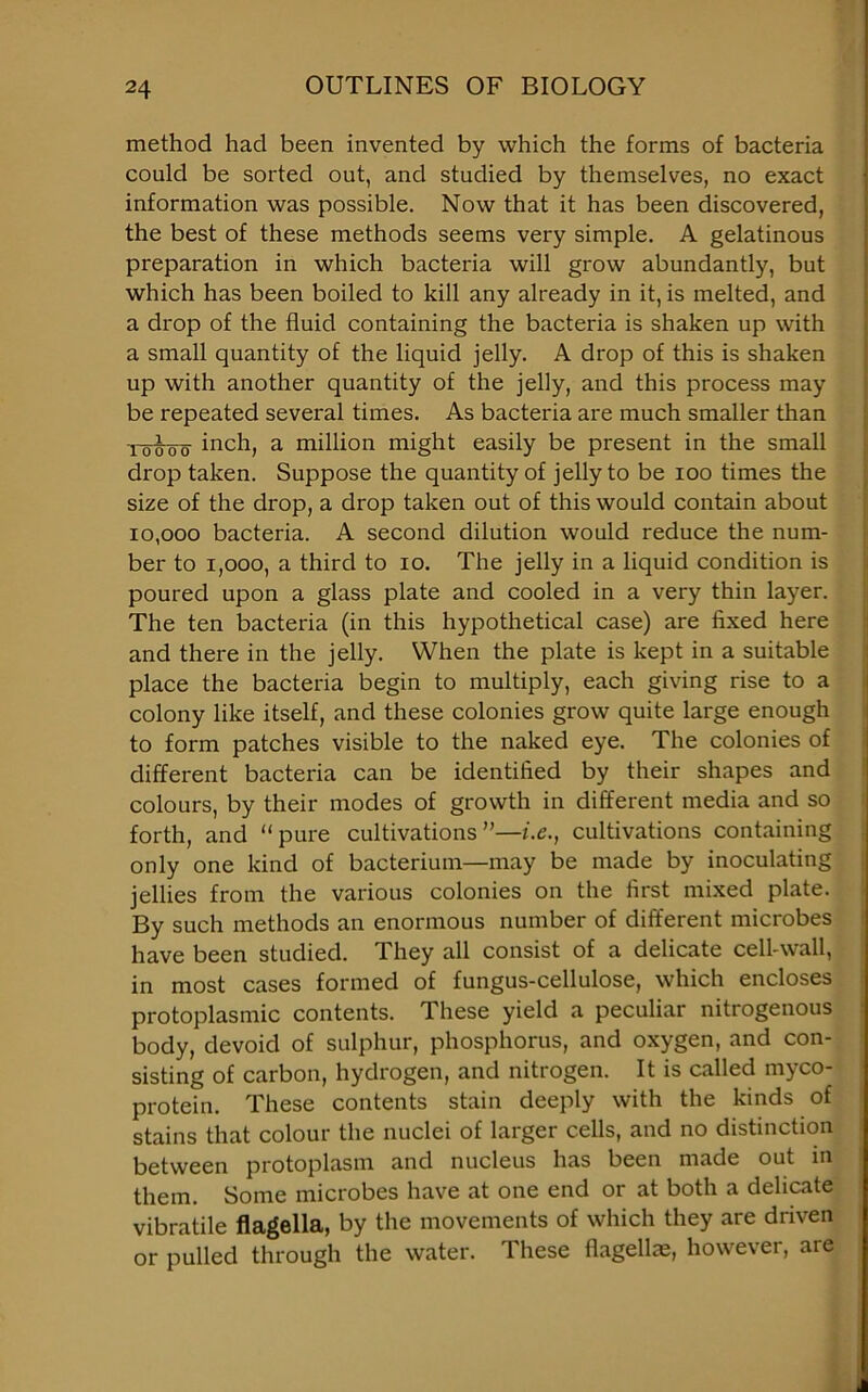 method had been invented by which the forms of bacteria could be sorted out, and studied by themselves, no exact information was possible. Now that it has been discovered, the best of these methods seems very simple. A gelatinous preparation in which bacteria will grow abundantly, but which has been boiled to kill any already in it, is melted, and a drop of the fluid containing the bacteria is shaken up with a small quantity of the liquid jelly. A drop of this is shaken up with another quantity of the jelly, and this process may be repeated several times. As bacteria are much smaller than Towo inch, a million might easily be present in the small drop taken. Suppose the quantity of jelly to be ioo times the size of the drop, a drop taken out of this would contain about 10,000 bacteria. A second dilution would reduce the num- ber to 1,000, a third to io. The jelly in a liquid condition is poured upon a glass plate and cooled in a very thin layer. The ten bacteria (in this hypothetical case) are fixed here and there in the jelly. When the plate is kept in a suitable place the bacteria begin to multiply, each giving rise to a colony like itself, and these colonies grow quite large enough to form patches visible to the naked eye. The colonies of different bacteria can be identified by their shapes and colours, by their modes of growth in different media and so forth, and “pure cultivations”—i.e., cultivations containing only one kind of bacterium—may be made by inoculating jellies from the various colonies on the first mixed plate. By such methods an enormous number of different microbes have been studied. They all consist of a delicate cell-wall, in most cases formed of fungus-cellulose, which encloses protoplasmic contents. These yield a peculiar nitrogenous body, devoid of sulphur, phosphorus, and oxygen, and con- sisting of carbon, hydrogen, and nitrogen. It is called myco- protein. These contents stain deeply with the kinds of stains that colour the nuclei of larger cells, and no distinction between protoplasm and nucleus has been made out in them. Some microbes have at one end or at both a delicate vibratile flagella, by the movements of which they are driven or pulled through the water. These flagellae, however, are