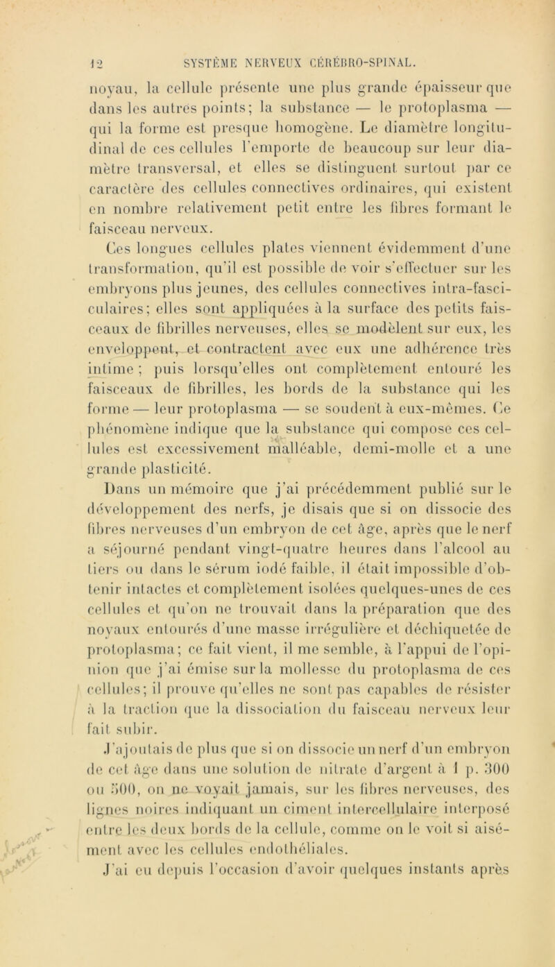 noyau, la cellule préseiile une plus grande épaisseur que dans les autres points; la subslancc — le protoplasma — qui la forme est presque homogène. Le diamètre longitu- dinal de ces cellules l’emporte de beaucoup sur leur dia- mètre transversal, et elles se distinguent surtout ]>ar ce caractère des cellules connectives ordinaires, qui existent en nombre relativement petit entre les libres formant le faisceau nerveux. Ces longues cellules plates viennent évidemment d’une transformation, qu’il est possible d(i voir s'etTectuer sur les embryons plus jeunes, des cellules connectives intra-fasci- culaircs; elles sont appliquées à la surface des petits fais- ceaux de fibrilles nerveuses, elles se modèlent sur eux, les envelop[>ent, et contractent avec eux une adhérence très intime ; puis lorsqu’elles ont complètement entouré les faisceaux de fibrilles, les bords de la substance qui les forme— leur protoplasma — se soudent à eux-mèmes. (ie phénomène indique que la^siibstance qui compose ces cel- lules est excessivement malléable, demi-molle et a une grande [ilasti ci té. Dans un mémoire que j’ai précédemment publié sur le développement des nerfs, je disais que si on dissocie des libres nerveuses d’un embryon de cet âge, après que le nerf a séjourné pendant vingt-quatre heures dans l’alcool au tiers ou dans le sérum iodé faible, il était impossible d’ob- tenir intactes et complètement isolées quelques-unes de ces cellules et f[u’on ne trouvait dans la préparation que des novaux entourés d’une masse irrégulière et déchiquetée de protoplasma; ce fait vient, il me semble, à l'appui de l’opi- nion que j’ai émise sur la mollesse du protoplasma de ces cellules; il prouve qu’elles ne sont pas capables de résister à la traction que la dissociation du faisceau uerveiix leur fait subir. .l’njoutais de plus que si on dissocie un nerf d’un embryon de cet âge dans une solution de nitrate d’ai*gent à 1 ]). 300 ou oOt), on ne voyait jamais, sur les libres nerveuses, des lignes noires indi(|uant un ciment intercellulairc interposé entre les deux bords de la cellule, comme on le voit si aisé- ment avec les cellules endothéliales. J’ai eu depuis l’occasion d’avoir quelques instants après