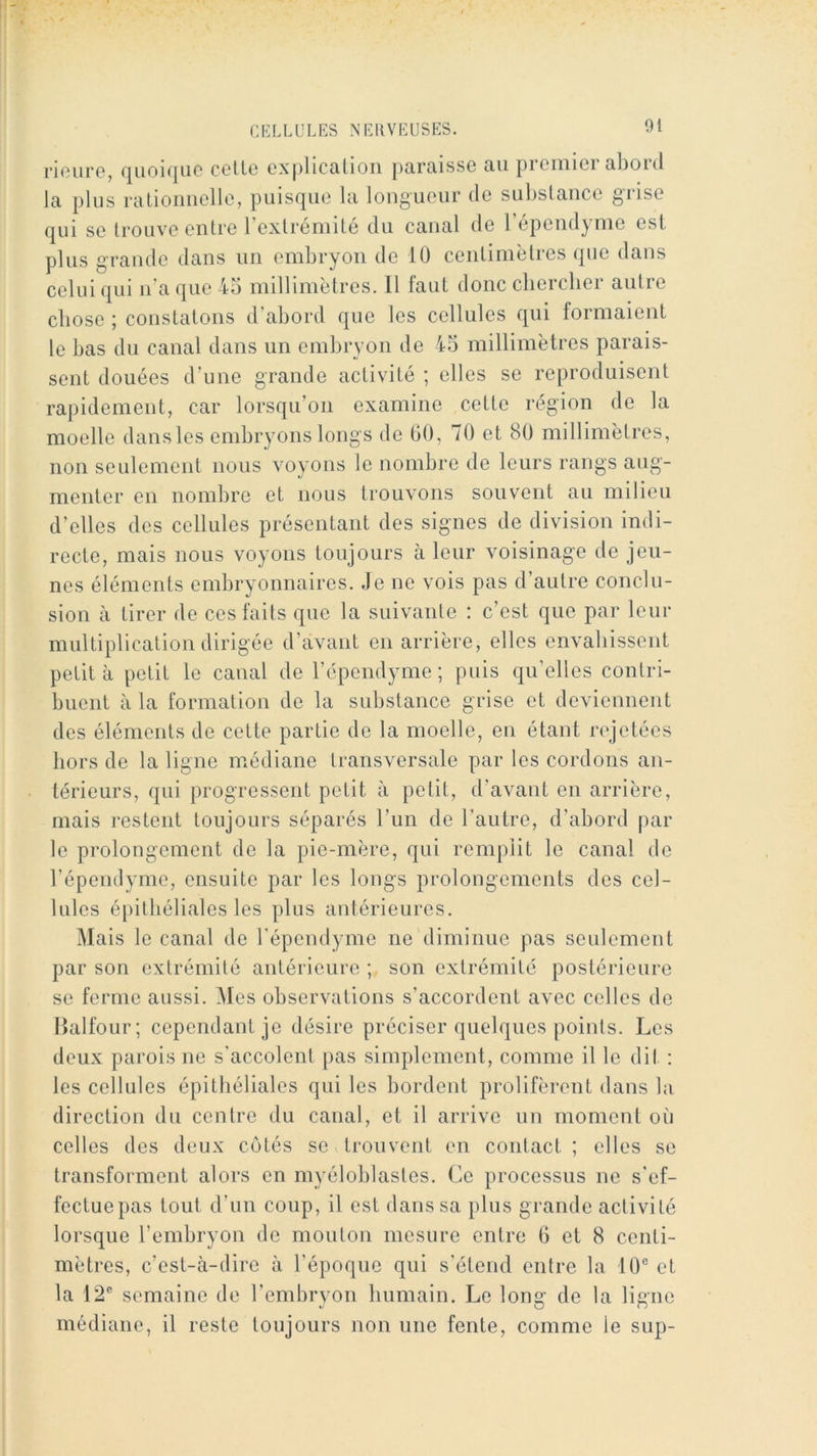 ricuro, cgLLg gx|)1ic£iLioii ptirciissG tiu piGiïiici 3.1)oi(.l la plus ratioiioGllG, piiisfjuG la longueur de subslancG giisG fjui SG trouve entre 1 extreniiLe du canal de 1 ependynie est plus grande dans un embryon de 10 centimètres (pie dans celui fpii n’a (pie 45 millimètres. 11 faut donc ebereber autre chose ; constatons d’abord rpie les cellules rpii formaient le bas du canal dans un embryon de 45 millimètres parais- sent douées d’une grande activité ; elles se reproduisent rapidement, car lorscpi’on examine cette région de la moelle dansles embryons longs de 60, 70 et 80 millimètres, non seulement nous voyons le nombre de leurs rangs aug- menter en nombre et nous trouvons souvent au milieu d’elles des cellules présentant des signes de division indi- recte, mais nous voyons toujours à leur voisinage de jeu- nes éléments embryonnaires. Je ne vois pas d’autre conclu- sion à tirer de ces faits (pie la suivante : c’est que par leur multiplication dirigée d’avant en arrière, elles envabissent petit à petit le canal de l’épendyme ; puis cpi’elles contri- buent à la formation de la substance grise et deviennent des éléments de cette partie de la moelle, en étant laqetées hors de la ligne médiane transversale par les cordons an- térieurs, qui progressent petit à petit, d’avant en arrière, mais restent toujours séparés l’un de l’autre, d’abord par le prolongement de la pie-mère, qui remplit le canal de l’épendyme, ensuite par les longs prolongements des cel- lules épilbéliales les plus antérieures. Mais le canal de l’épendyme ne diminue pas seulement par son extrémité antérieure ; son extrémité postérieure se ferme aussi. Mes observations s’accordent avec celles de lîalfour; cependant je désire préciser quelques points. Les deux parois ne s’accolent pas simplement, comme il le dit : les cellules épithéliales qui les bordent prolifèrent dans la direction du centre du canal, et il arrive un moment où celles des deux côtés se trouvent en contact ; elles se transforment alors en myéloblastes. Ce processus ne s’ef- fectue pas tout d’un coup, il est dans sa plus grande activité lorsque l’embryon de mouton mesure entre 6 et 8 centi- mètres, c’est-à-dire à l’époque qui s’étend entre la 10“ et la 12“ semaine de l’embryon humain. Le long de la ligne médiane, il reste toujours non une fente, comme le sup-