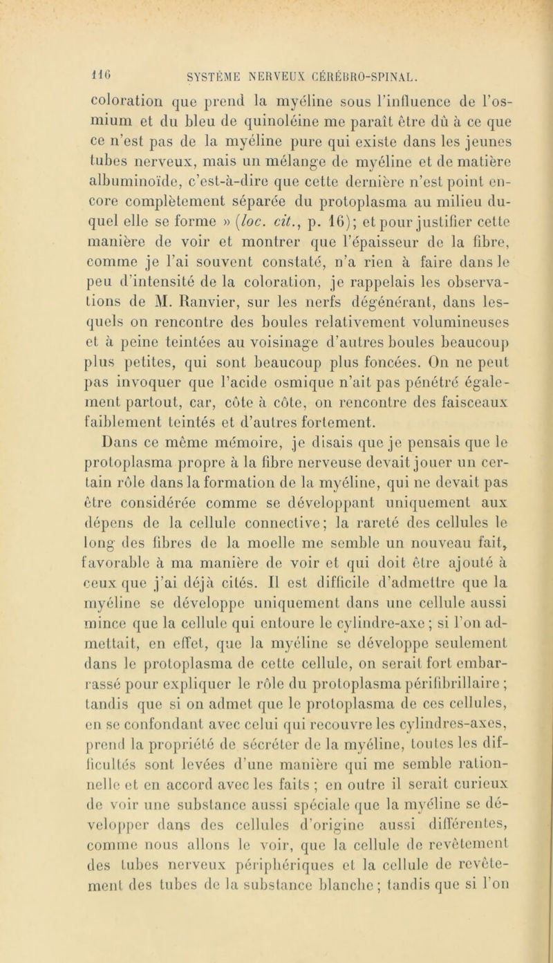 coloration que prend la myéline sous rinlluence de l’os- mium et du bleu de quinoléine me paraît être dû à ce que ce n’est pas de la myéline pure qui existe dans les jeunes tubes nerveux, mais un mélange de myéline et de matière albuminoïde, c’est-à-dire que cette dernière n’est point en- core complètement séparée du protoplasma au milieu du- quel elle se forme » [loc. cit.^ p. IG); et pour justifier cette manière de voir et montrer que l’épaisseur de la fibre, comme je l’ai souvent constaté, n’a rien à faire dans le peu d’intensité de la coloration, je rappelais les observa- tions de M. Ranvier, sur les nerfs dégénérant, dans les- quels on rencontre des boules relativement volumineuses et à peine teintées au voisinage d’autres boules beaucoup plus petites, qui sont beaucoup plus foncées. On ne peut pas invoquer que l’acide osmique n’ait pas pénétré égale- ment partout, car, côte à côte, on rencontre des faisceaux faiblement teintés et d’autres fortement. Dans ce même mémoire, je disais que je pensais que le protoplasma propre à la fibre nerveuse devait jouer un cer- tain rôle dans la formation de la myéline, qui ne devait pas être considérée comme se développant uniquement aux dépens de la cellule connective; la rareté des cellules le long des fibres de la moelle me semble un nouveau fait^ favorable à ma manière de voir et qui doit être ajouté à ceux que j’ai déjà cités. Il est difficile d’admettre que la myéline se développe uniquement dans une cellule aussi mince que la cellule qui entoure le cylindre-axe; si l’on ad- mettait, en effet, que la myéline se développe seulement dans le protoplasma de cette cellule, on serait fort embar- rassé pour expliquer le rôle du protoplasma périlibrillaire ; tandis que si on admet que le protoplasma de ces cellules, en se confondant avec celui qui recouvre les cylindres-axes, prenil la propriété do sécréter de la myéline, toutes les dif- licultés sont levées d’une manière qui me semble ration- nelle et en accord avec les faits ; en outre il serait curieux de voir une substance aussi spéciale que la myéline se dé- velopper dans des cellules d’origine aussi différentes, comme nous allons le voir, que la cellule de revêtement des tubes nerveux périphériques et la cellule de revête- ment (les tubes de la substance blanche; tandis que si l’on