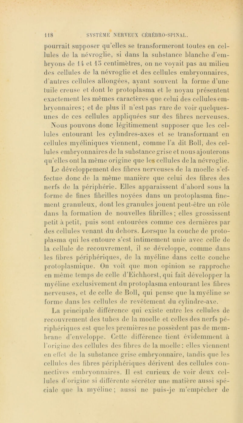 pourrait supposer qu’elles se Iraiisformeroiit toutes en cel- lules de la névroglie, si dans la substance blanche d’em- bryons de 14 et Id centimètres, on no voyait ])as au milieu des cellules de la névroglie et des cellules embryonnaires, d'autres cellules allongées, ayant souvent la forme d’une tuile creuse et dont le proloplasma et le noyau présentent exactement les memes caractères que celui des cellules em- bryonnaires; et de plus il n’est pas rare de Amir quelques- unes de ces cellules appliquées sur des libres nerveuses. Nous pouvons donc légitimement supposer que les cel- lules entourant les cylindres-axes et se transformant en cellules myéliniques viennent, comme l’a dit Boll, des cel- lules embryonnaires de la substance grise et nous ajouterons qu’elles ont la même origine que les cellules de la névroglie. Le développement des libres nerveuses de la moelle s’ef- fectue donc de la même manière que celui des fibres des nerfs de la périphérie. Elles apparaissent d’abord sous la forme de fines fibrilles noyées dans un protoplasma fine- ment granuleux, ilont les granules jouent peut-être un rôle dans la formation de nouvelles fibrilles; elles grossissent petit à petit, puis sont entourées comme ces dernières par des cellules venant du dehors. Lorsque la couche de proto- [dasma qui les entoure s’est intimement unie avec celle de la cellule de recouvrement, il se développe, comme dans les libres périphériques, de la myéline dans celte couche prolojilasmique. On voit que mon opinion se rapproche en même temps de celle d’Eicliborst, qui fait développer la myéline exclusivement du protoplasma entourant les libres nerveuses, et de celle de Boll, qui pense que la myéline se forme dans les cellules de revêtement du cylindre-axe. La prlnci])ale dilférence qui exisle entre les cellules de recouvrement des tubes de la moelle et celles des nerfs pé- ripliéimpies est que les premières ne possèdent pas de mem- brane d’enveloppe. Cette dilférence lient évidemment à l’origiue des cellules des tibj-es de la moelle; elles viennent en elfel de la substance grise embryonnaire, tandis (}ue les cellules des fibres péripbéi'iques déidvent des cellules con- neclives embiyonnaires. il est curieux de voir deux cel- lules d’origine si dillèrente séci'éter une matière aussi s])é- ciale (]ue la myéline ; aussi ne puis-je m’empêcher de