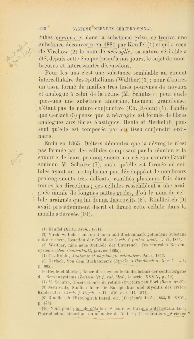 tubes i\ervGiix et clans la substance grise, ^ trouve une substance découverte en 1881 par KeulTel (1) et qui a reçu de Virchow (2) le nom de névroglie; sa nature véritable a été, depuis cette époque jusqu’à nos jours, le sujet de nom- breuses et intéressantes discussions. Pour les uns c’est une substance semblable au ciment intercellulaire des épithéliums (Waltlier) (3) ; pour d’autres un tissu formé de mailles très fines pourvues de noyaux et analogue à celui de la rétine (M. Schutze) ; pour quel- ques-uns une substance amorphe, finement granuleuse, n’étant pas de nature conjonctive (Cli. Robin) (4). Tandis que Gerlacli (o) pense (jue la névroglie est formée de libres analogues aux fibres élastiques, Ilenle et Merkel (G) pen- sent qu’elle est composée par du tissu conjonctif ordi- naire. Enfin en 1865, Deiters démontra que la névroglie n'est jias formée par des cellules composant par la réunion et la soudure de leurs prolongements un réseau comme l’avait soutenu àl. Schutze (7), mais qu’elle est formée de cel- lules ayant un protoplasma peu développé et de nombreux prolongements très délicats, ramifiés plusieurs fois dans toutes les directionsq^^s cellules ressemblent à une arai- gnée munie de longues pattes grêles, d’où le nom de cel- lule araignée que lui donna Jastrowitz (8). RindOeiscli (9) avait précédemment décrit et figuré cette cellule dans la moelle sclérosée (10). (1) Keuflel (Hoirs Arch., 1881). (2) Virchow, Ucl)cr cine im Gchirn uiid Riickcninark gefuudenc Suhstanz mit der chem. Reaction dcr Cellulose (Avch. f. palhoJ. unni., t. VI, 1835. (3) Walther, Eine neue .Méthode dcr Untcrsuch. des centralcn Nervcn- systems (Med. Cenlralblall, janvier 1865). (4) Ch. Robin, Anatomie et phijsiolo(jie celiiilaires. Paris, 1873. (.5) Cerlach, Von dcin Rückenmark (Strieker’s Handbuch d. Gewebs, t. I, p. 605). (6) Ilenle et Merkel, ücher die sogenantc Rindsubstaiiz der centralorgans des Nervcnsystems (Zeitschrift f. rat. .Med., 3^^ série, XXXIV, p. 4D). (7) ,M. Schutze, Ohscrvationcs de'rctinæ structura penitiori (Bonn, n® 50). (8) .lastrowitz, Studien üher die Enccphalitis und Myelitis des ersten Kindcsaltcrs (Arch. f. Psijch., t. Il, 1870, et t. 111, 1871). (9) Rindlleisch, Ilistologisch Detail, etc. (Mrchow's Arch., 1863, Bd XXVI, p. 474). (10) Voir, pour plus de détads : 1° pour les travaux cyntéricjjLi‘.i_jLJjS65, l’introductiou historique du luéinoirc de Deiters; 2° les traités dt^Stricker