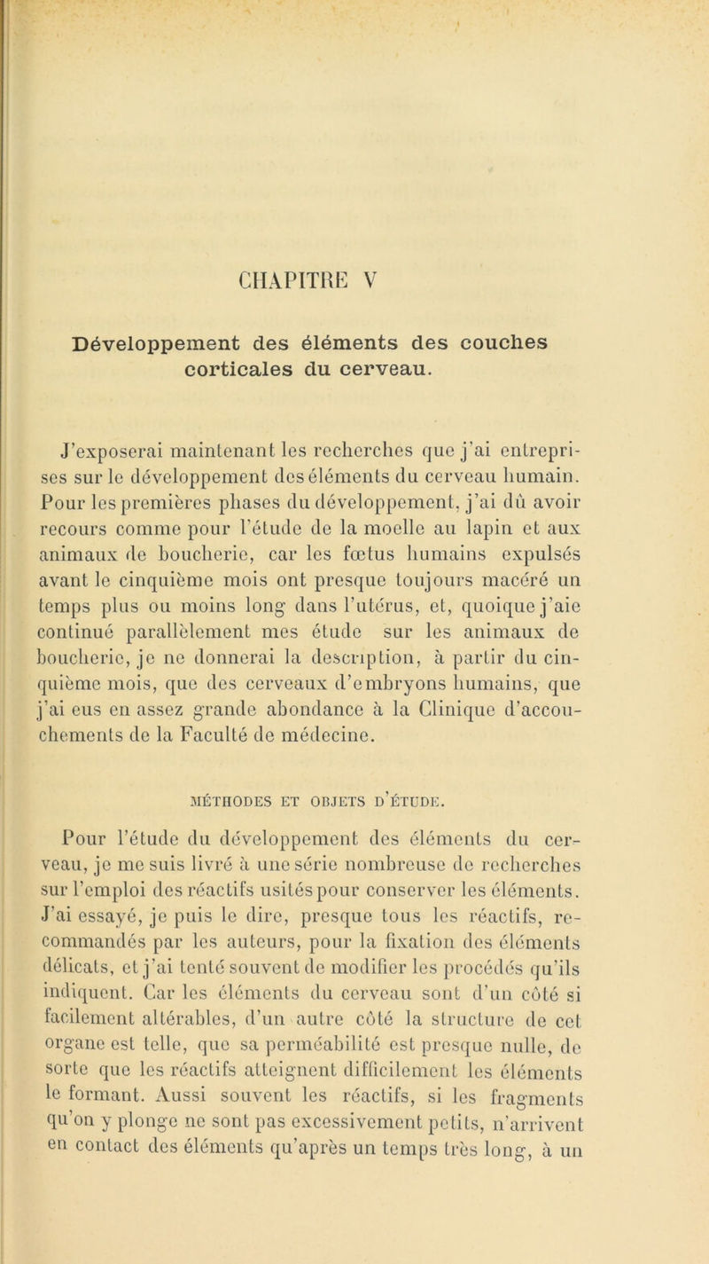 CHAPITRE V Développement des éléments des couches corticales du cerveau. J’exposerai maintenant les recherches que j’ai entrepri- ses sur le développement des éléments du cerveau humain. Pour les premières phases du développement, j’ai dû avoir recours comme pour l’étude de la moelle au lapin et aux animaux de boucherie, car les fœtus liumains expulsés avant le cinquième mois ont presque toujours macéré un temps plus ou moins long dans l’utérus, et, quoique j’aie continué parallèlement mes étude sur les animaux de boucherie, je ne donnerai la description, à partir du cin- quième mois, que des cerveaux d’embryons humains, que j’ai eus en assez grande abondance à la Clinique d’accou- chements de la Faculté de médecine. MÉTHODES ET OBJETS d’ÉTUDE. Pour l’étude du développement des éléments du cer- veau, je me suis livré à une série nombreuse de recherches sur l’emploi des réactifs usités pour conserver les éléments. J’ai essayé, je puis le dire, presque tous les réactifs, re- commandés par les auteurs, pour la fixation des éléments délicats, et j’ai tenté souvent de modifier les procédés qu’ils indiquent. Car les éléments du cerveau sont d’un coté si facilement altérables, d’un autre coté la structure de cet organe est telle, que sa perméabilité est presque nulle, de sorte que les réactifs atteignent difficilement les éléments le formant. Aussi souvent les réactifs, si les fragments qu’on y plonge ne sont pas excessivement petits, n’arrivent en contact des éléments qu’après un temps très long, à un