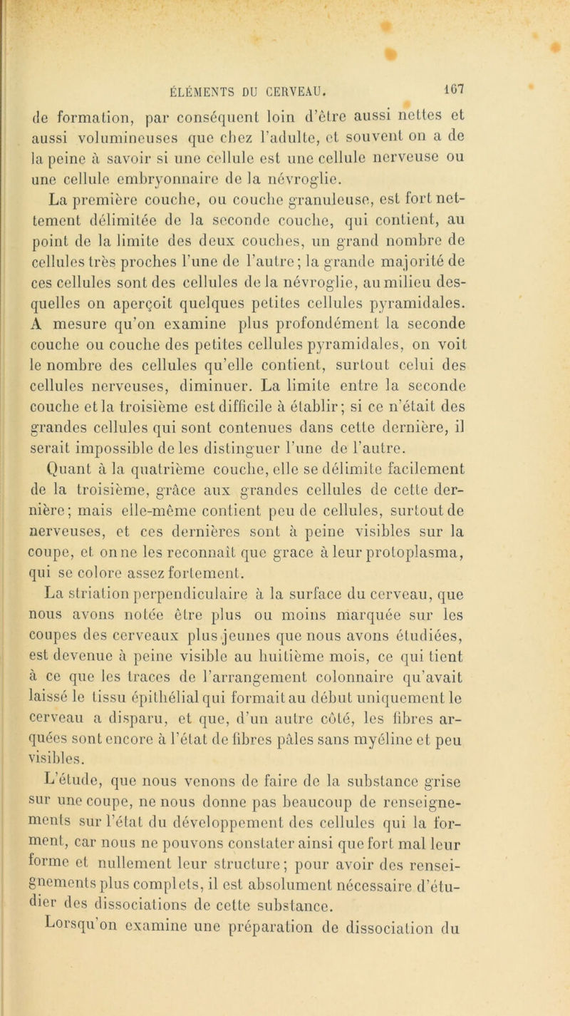 (le formation, par conséquent loin d’être aussi nettes et aussi volumineuses que chez l’adulte, et souvent on a de la peine à savoir si une cellule est une cellule nerveuse ou une cellule embryonnaire de la névroglie. La première couche, ou couche granuleuse, est fort net- tement délimitée de la seconde couche, qui contient, au point de la limite des deux couches, un grand nombre de cellules très proches l’ime de l’autre; la grande majorité de ces cellules sont des cellules de la névroglie, au milieu des- quelles on aperçoit quelques petites cellules pyramidales. A mesure qu’on examine plus profondément la seconde couche ou couche des petites cellules pyramidales, on voit le nombre des cellules qu’elle contient, surtout celui des cellules nerveuses, diminuer. La limite entre la seconde couche et la troisième est difficile à établir; si ce n’était des grandes cellules qui sont contenues dans cette dernière, il serait impossible de les distinguer l’une de l’autre. Quant à la quatrième couche, elle se délimite facilement de la troisième, grâce aux grandes cellules de cette der- nière; mais elle-même contient peu de cellules, surtout de nerveuses, et ces dernières sont à peine visibles sur la coupe, et on ne les reconnaît que grâce à leur protoplasma, qui se colore assez fortement. La striation perpendiculaire à la surface du cerveau, que nous avons notée être plus ou moins marquée sur les coupes des cerveaux plus.jeunes que nous avons étudiées, est devenue à peine visible au huitième mois, ce qui tient à ce que les traces de l’arrangement colonnaire qu’avait laissé le tissu épithélial qui formait au début uniquement le cerveau a disparu, et que, d’un autre C(jté, les libres ar- quées sont encore à l’état de libres pâles sans myéline et peu visibles. L’étude, que nous venons de faire de la substance grise sur une coupe, ne nous donne pas beaucoup de renseigne- ments sur l’état du développement des cellules qui la for- ment, car nous ne pouvons constater ainsi que fort mal leur forme et nullement leur structure; pour avoir des rensei- gnements plus complets, il est absolument nécessaire d’étu- dier des dissociations de cette substance. Lorsqu on examine une préparation de dissociation du