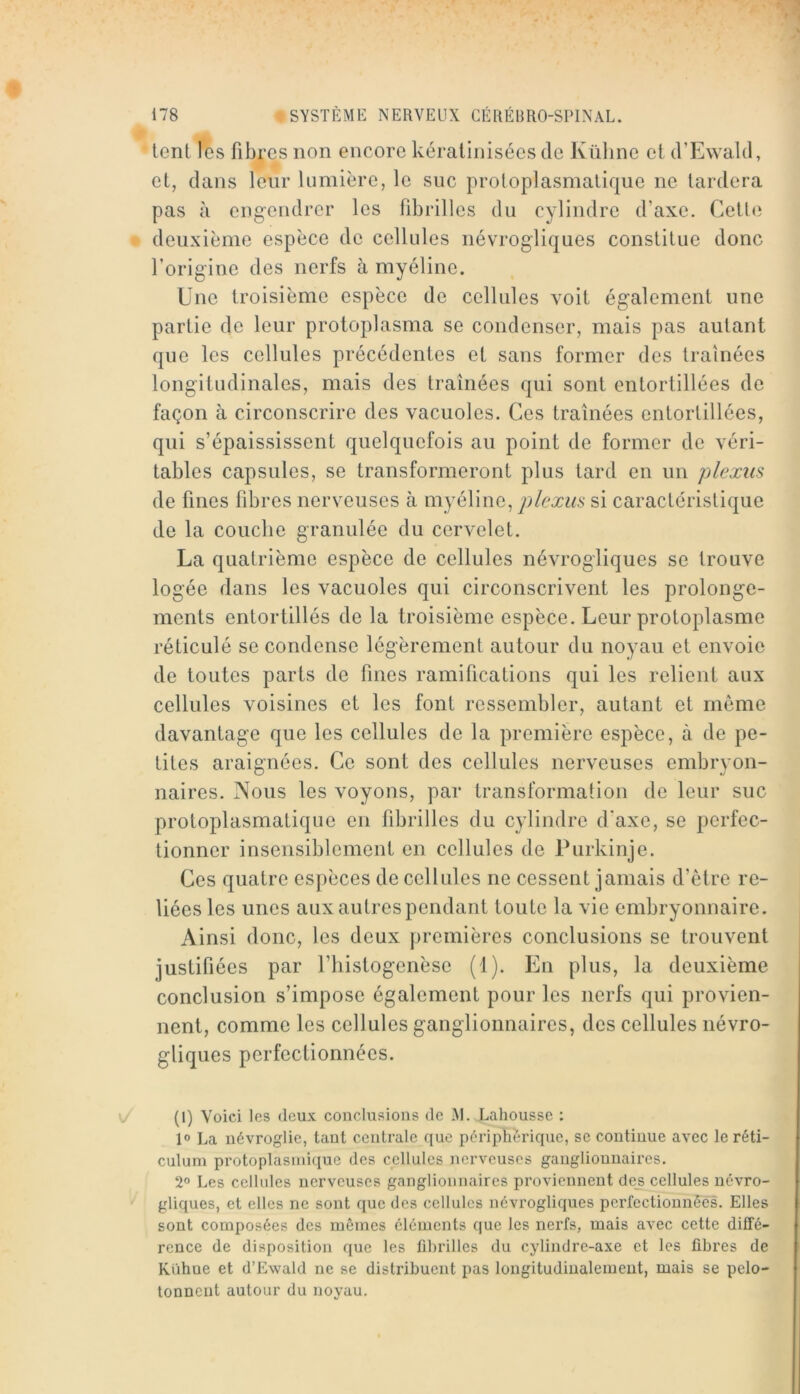 lent l'os fibres non encore kératinisées de Küline et d’Ewald, et, dans leur lumière, le suc proloplasmalique ne tardera pas à engendrer les fibrilles du cylindre d’axe. Celle deuxième espèce de cellules névrogliques constitue donc l’origine des nerfs à myéline. Une troisième espèce de cellules voit également une partie de leur protoplasma se condenser, mais pas autant que les cellules précédentes et sans former des traînées longitudinales, mais des traînées qui sont entortillées do façon à circonscrire des vacuoles. Ces traînées entortillées, qui s’épaississent quelquefois au point de former de véri- tables capsules, se transformeront plus tard en un plexus de fines fibres nerveuses à myéline, plexus si caractéristique de la couche granulée du cervelet. La quatrième espèce de cellules névrogliques se trouve logée dans les vacuoles qui circonscrivent les prolonge- ments entortillés de la troisième espèce. Leur protoplasme réticulé se condense légèrement autour du noyau et envoie de toutes parts de fines ramifications qui les relient aux cellules voisines et les font ressembler, autant et môme davantage que les cellules de la première espèce, à de pe- tites araignées. Ce sont des cellules nerveuses embryon- naires. Nous les voyons, par transformation do leur suc proloplasmalique en fibrilles du cylindre d'axe, se perfec- tionner insensiblement en cellules de Purkinje. Ces quatre espèces de cellules ne cessent jamais d’ètre re- liées les unes aux autres pendant toute la vie embryonnaire. Ainsi donc, les deux premières conclusions se trouvent | justifiées par l’iiistogenèse (1). En plus, la deuxième conclusion s’impose également pour les nerfs qui provien- nent, comme les cellules ganglionnaires, des cellules névro- gliques perfectionnées. (1) Voici les deux conclusions de M. Lahoussc : 1° La névroglie, tant centrale que périphérique, se continue avec le réti- culum protoplasmique des cellules nerveuses gaiigliouuaires. 2° Les cellules nerveuses ganglionnaires proviennent des cellules névro- gliques, et elles ne sont que des cellules névrogliques perfectionnées. Elles sont composées des mêmes éléments que les nerfs, mais avec cette diffé- rence de disposition que les fd)rilles du cylindre-axe et les fibres de Kiihue et d’Ewald ne se distribuent pas longitudinalement, mais se pelo- tonnent autour du noyau.