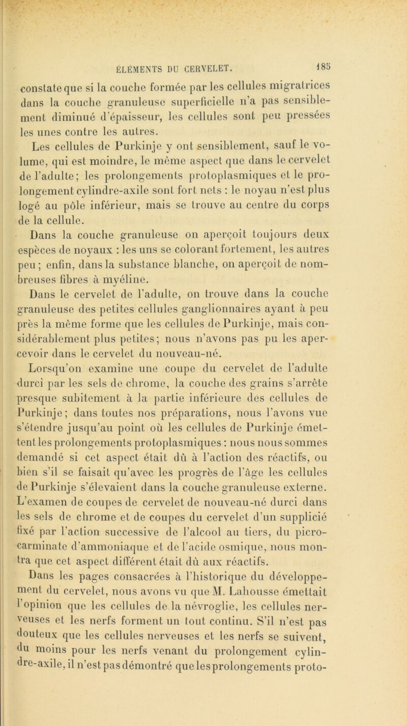 constate que si la couche formée par les cellules migratrices dans la couche granuleuse superficielle n’a pas sensible- ment diminué d’épaisseur, les cellules sont peu pressées les unes contre les autres. Les cellules de Purkinje y ont sensiblement, sauf le vo- lume, qui est moindre, le même aspect que dans le cervelet de l’adulte; les prolongements protoplasmiques et le pro- longement cylindre-axile sont fort nets ; le noyau n’est plus logé au pôle inférieur, mais se trouve au centre du corps de la cellule. Dans la couche granuleuse on aperçoit toujours deux espèces de noyaux : les uns se colorant fortement, les autres peu ; enfin, dans la substance blanche, on aperçoit de nom- breuses fibres à myéline. Dans le cervelet de l’adulte, on trouve dans la couche granuleuse des petites cellules ganglionnaires ayant à peu près la même forme que les cellules de Purkinje, mais con- sidérablement plus petites; nous n’avons pas pu les aper- cevoir dans le cervelet du nouveau-né. Lorsqu’on examine une coupe du cervelet de l’adulte durci par les sels de chrome, la couche des grains s’arrête presque subitement à la partie inférieure des cellules de Purkinje; dans toutes nos préparations, nous l’avons vue s’étendre jusqu’au point où les cellules de Purkinje émet- tent les prolongements protoplasmiques : nous nous sommes demandé si cet aspect était dû à l’action des réactifs, ou bien s’il se faisait qu’avec les progrès de l'âge les cellules de Purkinje s’élevaient dans la couche granuleuse externe. L’examen de coupes de cervelet de nouveau-né durci dans les sels de chrome et de coupes du cervelet d’un supplicié fixé par l’action successive de l’alcool au tiers, du picro- carminate d’ammoniaque et de l’acide osmique, nous mon- tra que cet aspect différent était dù aux réactifs. Dans les pages consacrées à l’iiistorique du développe- ment du cervelet, nous avons vu que M. Lahousse émettait 1 opinion que les cellules de la névroglie, les cellules ner- veuses et les nerfs forment un (ont continu. S’il n’est pas douteux que les cellules nerveuses et les nerfs se suivent, du moins pour les nerfs venant du prolongement cylin- dre-axile, il n’est pas démontré que les prolongements proto-