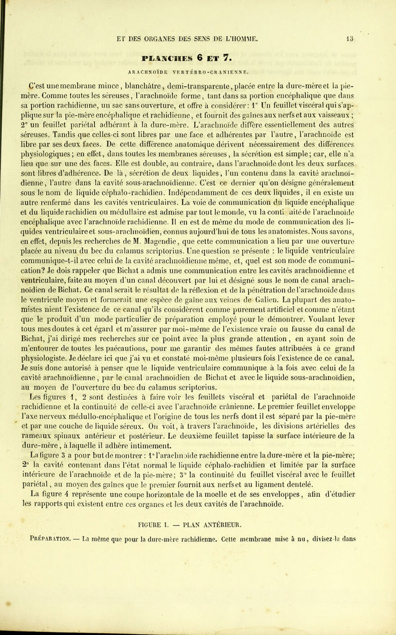 PLANCHES 6 ET 7. ARACHNOÏDE VERTÉBRO-CRANIENNE. C’est une membrane mince, blanchâtre, demi-transparente, placée entre la dure-mère et la pie- mère. Comme toutes les séreuses, l’arachnoïde forme, tant dans sa portion encéphalique que dans sa portion rachidienne, un sac sans ouverture, et offre à considérer: 1° Un feuillet viscéral qui s’ap- plique sur la pie-mère encéphalique et rachidienne, et fournit des gaines aux nerfs et aux vaisseaux ; 2° un feuillet pariétal adhérant à la dure-mère. L’arachnoïde diffère essentiellement des autres séreuses. Tandis que celles-ci sont libres par une face et adhérentes par l’autre, l'arachnoïde est libre par ses deux faces. De cette différence anatomique dérivent nécessairement des différences physiologiques ; en effet, dans toutes les membranes séreuses, la sécrétion est simple; car, elle n’a lieu que sur une des faces. Elle est double, au contraire, dans l’arachnoïde dont les deux surfaces sont libres d’adhérence. De là, sécrétion de deux liquides, l’un contenu dans la cavité arachnoï- dienne , l’autre dans la cavité sous-arachnoïdienne. C’est ce dernier qu’on désigne généralement sous le nom de liquide céphalo-rachidien. Indépendamment de ces deux liquides, il en existe un autre renfermé dans les cavités ventriculaires. La voie de communication du liquide encéphalique et du liquide rachidien ou médullaire est admise par tout le monde, vu la conti uitéde l’arachnoïde encéphalique avec l’arachnoïde rachidienne. Il en est de même du mode de communication des li- quides ventriculaire et sous-arachnoïdien, connus aujourd’hui de tous les anatomistes. Nous savons, en effet, depuis les recherches de M. Magendie, que cette communication a lieu par une ouverture placée au niveau du bec du calamus scriptorius. Une question se présente : le liquide ventriculaire communique-t-il avec celui de la cavité arachnoïdienne même, et, quel est son mode de communi- cation? Je dois rappeler que Bichat a admis une communication entre les cavités arachnoïdienne et ventriculaire, faite au moyen d’un canal découvert par lui et désigné sous le nom de canal arach- noïdien de Bichat. Ce canal serait le résultat de la réflexion et de la pénétration de l’arachnoïde dans le ventricule moyen et formerait une espèce de gaine aux veines de Galien. La plupart des anato- mistes nient l’existence de ce canal qu’ils considèrent comme purement artificiel et comme n’étant que le produit d’un mode particulier de préparation employé pour le démontrer. Voulant lever tous mes doutes à cet égard et m’assurer par moi-même de l’existence vraie ou fausse du canal de Bichat, j’ai dirigé mes recherches sur ce point avec la plus grande attention , en ayant soin de m’entourer de toutes les paécautions, pour me garantir des mêmes fautes attribuées à ce grand physiologiste. Je déclare ici que j’ai vu et constaté moi-même plusieurs fois l’existence de ce canal. Je suis donc autorisé à penser que le liquide ventriculaire communique à la fois avec celui de la cavité arachnoïdienne, par le canal arachnoïdien de Bichat et avec le liquide sous-arachnoïdien, au moyen de l’ouverture du bec du calamus scriptorius. Les figures 1, 2 sont destinées à faire voir les feuillets viscéral et pariétal de l’arachnoïde rachidienne et la continuité de celle-ci avec l’arachnoïde crânienne. Le premier feuillet enveloppe l’axe nerveux médullo-encéphalique et l’origine de tous les nerfs dont il est séparé par la pie-mère et par une couche de liquide séreux. On voit, à travers l’arachnoïde, les divisions artérielles des rameaux spinaux antérieur et postérieur. Le deuxième feuillet tapisse la surface intérieure de la dure-mère, à laquelle il adhère intimement. La figure 3 a pour but de montrer : 1° l’arachnoïde rachidienne entre la dure-mère et la pie-mère; 2° la cavité contenant dans l’état normal le liquide céphalo-rachidien et limitée par la surface intérieure de l’arachnoïde et de la pie-mère; 3° la continuité du feuillet viscéral avec le feuillet pariétal, au moyen des gaines que le premier fournit aux nerfs et au ligament dentelé. La figure 4 représente une coupe horizontale de la moelle et de ses enveloppes, afin d’étudier les rapports qui existent entre ces organes et les deux cavités de l’arachnoïde. FIGURE I. — PLAN ANTÉRIEUR. Préparation. — La même que pour la dure-mère rachidienne. Cette membrane mise à nu, divisez-la dans