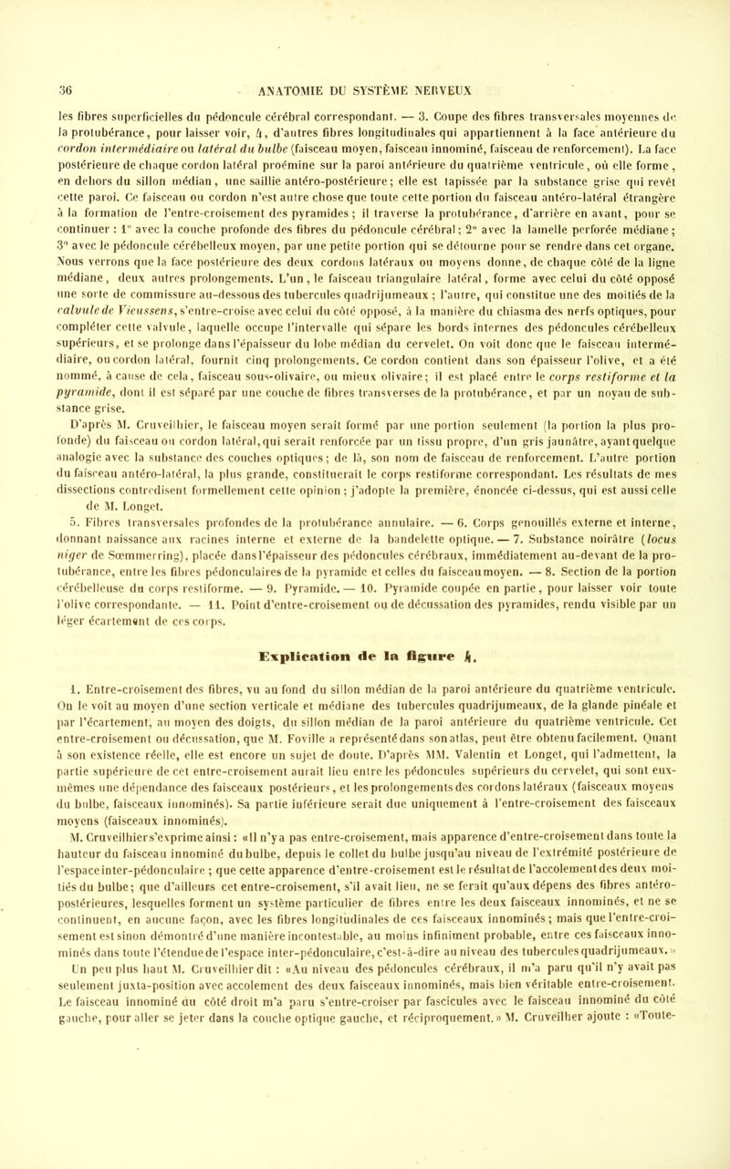 les fibres superficielles du pédoncule cérébral correspondant. — 3. Coupe des fibres transversales moyennes de la protubérance, pour laisser voir, A, d’autres fibres longitudinales qui appartiennent à la face antérieure du cordon intermédiaire ou latéral du bulbe (faisceau moyen, faisceau innominé, faisceau de renforcement). La face postérieure de chaque cordon latéral proémine sur la paroi antérieure du quatrième ventricule, où elle forme , en dehors du sillon médian, une saillie antéro-postérieure ; elle est tapissée par la substance grise qui revêt cette paroi. Ce faisceau ou cordon n’est autre chose que toute cette portion du faisceau antéro-latéral étrangère à la formation de l’entre-croisement des pyramides ; il traverse la protubérance, d’arrière en avant, pour se continuer : 1° avec la couche profonde des fibres du pédoncule cérébral ; 2° avec la lamelle perforée médiane ; 3° avec le pédoncule cérébelleux moyen, par une petite portion qui se détourne pour se rendre dans cet organe. Nous verrons que la face postérieure des deux cordons latéraux ou moyens donne, de chaque côté de la ligne médiane, deux autres prolongements. L’un, le faisceau triangulaire latéral, forme avec celui du côté opposé une sorte de commissure au-dessous des tubercules quadrijumeaux ; l’autre, qui constitue une des moitiés de la ralvule de Vieussens, s’entre-croise avec celui du côté opposé, à la manière du chiasma des nerfs optiques, pour compléter cette valvule, laquelle occupe l’intervalle qui sépare les bords internes des pédoncules cérébelleux supérieurs, et se prolonge dans l’épaisseur du lobe médian du cervelet. On voit donc que le faisceau intermé- diaire, ou cordon latéral, fournit cinq prolongements. Ce cordon contient dans son épaisseur l’olive, et a été nommé, à cause de cela, faisceau sous-olivaire, ou mieux olivaire; il est placé entre le corps restiforme et la pyramide, dont il est séparé par une couche de fibres transverses de la protubérance, et par un noyau de sub- stance grise. D’après M. Cruveilhier, le faisceau moyen serait formé par une portion seulement (la portion la plus pro- fonde) du faisceau ou cordon latéral,qui serait renforcée par un tissu propre, d’un gris jaunâtre, ayant quelque analogie avec la substance des couches optiques; de là, son nom de faisceau de renforcement. L’autre portion du faisceau antéro-latéral, la plus grande, constituerait le corps restiforme correspondant. Les résultats de mes dissections contredisent formellement cette opinion; j’adopte la première, énoncée ci-dessus, qui est aussi celle de M. Longet. 5. Fibres transversales profondes de la protubérance annulaire. —6. Corps genouillés externe et interne, donnant naissance aux racines interne et externe de la bandelette optique. — 7. Substance noirâtre (locus niger de Sœmmerring), placée dans l’épaisseur des pédoncules cérébraux, immédiatement au-devant de la pro- tubérance, entre les fibres pédonculaires de la pyramide et celles du faisceau moyen. —8. Section de la portion cérébelleuse du corps restiforme. — 9. Pyramide. — 10. Pyramide coupée en partie, pour laisser voir toute l’olive correspondante. — 11. Point d’entre-croisement oit de décussation des pyramides, rendu visible par un léger écartement de ces corps. Explication de la figure jj, 1. Entre-croisement des fibres, vu au fond du sillon médian de la paroi antérieure du quatrième ventricule. On le voit au moyen d’une section verticale et médiane des tubercules quadrijumeaux, de la glande pinéale et par l’écartement, au moyen des doigts, du sillon médian de la paroi antérieure du quatrième ventricule. Cet entre-croisement ou décussation, que M. Foville a représenté dans son atlas, peut être obtenu facilement. Quant à son existence réelle, elle est encore un sujet de doute. D’après MM. Valentin et Longet, qui l’admettent, la partie supérieure de cet entre-croisement aurait lieu entre les pédoncules supérieurs du cervelet, qui sont eux- mêmes une dépendance des faisceaux postérieurs, et les prolongements des cordons latéraux (faisceaux moyens du bulbe, faisceaux innommés). Sa partie inférieure serait due uniquement à l’entre-croisement des faisceaux moyens (faisceaux innommés). M. Cruveilhiers’exprime ainsi : «Il n’ya pas entre-croisement, mais apparence d’entre-croisement dans toute la hauteur du faisceau innominé du bulbe, depuis le collet du bulbe jusqu’au niveau de l’extrémité postérieure de l’espace inter-pédoncnlairc ; que cette apparence d’entre-croisement est le résultat de l’accolementdes deux moi- tiés du bulbe; que d’ailleurs cet entre-croisement, s'il avait lieu, ne se ferait qu’aux dépens des fibres antéro- postérieures, lesquelles forment un système particulier de fibres entre les deux faisceaux innommés, et ne se continuent, en aucune façon, avec les fibres longitudinales de ces faisceaux innominés; mais que l’entre-croi- sement est sinon démontré d’une manière incontestable, au moius infiniment probable, entre ces faisceaux inno- minés dans toute l’étenduede l’espace inter-pédonculaire, c’est-à-dire au niveau des tubercules quadrijumeaux. >/ Un peu plus haut M. Cruveilhier dit : «Au niveau des pédoncules cérébraux, il m’a paru qu'il n’y avait pas seulement juxta-position avec accolement des deux faisceaux innominés, mais bien véritable entre-croisement. Le faisceau innominé du côté droit m’a paru s’enlre-croiscr par fascicules avec le faisceau innominé du côté gauche, pour aller se jeter dans la couche optique gauche, et réciproquement.» M. Cruveilher ajoute : «Toute-