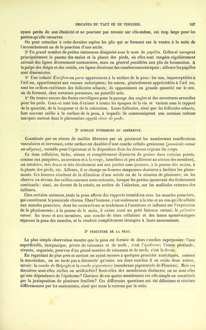 ayant perdu de son élasticité et ne pouvant pas revenir sur elle-même, est trop large pour les parties qu’elle recouvre. On peut rattacher à cette dernière espèce les plis qui se forment sur le ventre à la suite de l’accouchement ou de la ponction d’une ascite. 2° Un grand nombre de petites éminences désignées sous le nom de papilles. Celles-ci occupent principalement la paume des mains et la plante des pieds, où elles sont rangées régulièrement suivant des lignes diversement contournées, mais en général parallèles aux plis de locomotion. A la pulpe des doigts et des orteils, ces lignes décrivent des courbes concentriques ; ailleurs les papilles sont disséminées. 3° Une infinité à.'orifices ou pores apparaissent à la surface de la peau: les uns, imperceptibles à l’œil nu, appartiennent aux canaux sudoripares; les autres, généralement appréciables à l’œil nu, sont les orifices extérieurs des follicules sébacés; ils apparaissent en grande quantité sur le nez, où ils forment, chez certaines personnes, un pointillé noir. h° On trouve encore des fentes curvilignes pour le passage des ongles et des ouvertures arrondies pour les poils. Ceux-ci sont loin d’exister à toutes les époques de la vie et varient sous le rapport de la quantité, de la longueur et de la coloration. Leurs follicules, ainsi que les follicules sébacés, font souvent saillie à la surface de la peau, à laquelle ils communiquent une certaine rudesse marquée surtout dans le phénomène appelé chair de poule. 2° SURFACE INTÉRIEURE OU ADHÉRENTE. Constituée par un réseau de mailles fibreuses par où pénètrent les nombreuses ramifications vasculaires et nerveuses, cette surface est doublée d’une couche cellulo-graisseuse [pannicule cutané ou adipeux), variable pour l'épaisseur et la disposition dans les diverses régions du corps. Ce tissu cellulaire, lâche, séreux et complètement dépourvu de graisse dans certains points, comme aux paupières, au scrotum et à la verge, lamelleux et peu adhérent au niveau des membres’, est aréolaire, très dense et très étroitement uni aux parties sous-jacentes, à la paume des mains, à la plante des pieds, etc. Ailleurs, il se change en bourses muqueuses destinées à faciliter les glisse- ments. Ces bourses résultent de la dilatation d’une aréole ou de la réunion de plusieurs; on les observe au niveau des saillies osseuses sous-cutanées, lorsque les parties éprouvent des frottements continuels : ainsi, au-devant de la rotule, en arrière de l’olécrâne, sur les malléoles externes des tailleurs. Chez certains animaux, toute la peau affecte des rapports immédiats avec les muscles peauciers, qui constituent lepannicule charnu. Chez.rho.mme, c’est seulement àla tête et au cou qu’elle adhère aux muscles peauciers, dont les contractions se traduisent à l’extérieur et influent sur l’expression de la physionomie; à la paume de la main, il existe aussi un petit faisceau cutané, le palmaire cutané. Au tronc et aux membres, une couche de tissu cellulaire et des lames aponévrotiques séparent la peau des muscles, et la rendent complètement étrangère à leurs mouvements. 3° STRUCTURE DE LA PEAU. La plus simple observation montre que la peau est. formée de deux couches superposées: l’une superficielle, inorganique, privée de vaisseaux et de nerfs , c’est Y épiderme; l’autre profonde, vivante, organisée, pourvue d’un grand nombre de vaisseaux et de nerfs, c’est \e derme. En regardant de plus près et surtout en ayant recours à quelques procédés analytiques, comme la macération, on ne tarde pas à découvrir qu’entre ces deux couches il en existe deux autres, savoir: la couche de Malpighiet la couche pigmentaire (membrane pigmentale de Flourens). Mais ces dernières sont-elles réelles ou artificielles? Sont-elles des membranes distinctes, ou ne sont-elles qu’une dépendance de l’épiderme? Chacune de ces quatre membranes est-elle simple ou constituée par la juxtaposition de plusieurs feuillets? Ces différentes questions ont été débattues et résolues différemment par les anatomistes, ainsi que nous le verrons par la suite.