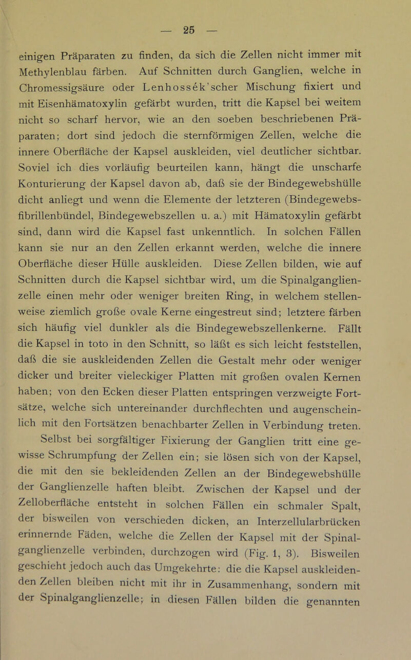 einigen Präparaten zu finden, da sich die Zellen nicht immer mit Methylenblau färben. Auf Schnitten durch Ganglien, welche in Chromessigsäure oder Lenhossek’scher Mischung fixiert und mit Eisenhämatoxylin gefärbt wurden, tritt die Kapsel bei weitem nicht so scharf hervor, wie an den soeben beschriebenen Prä- paraten; dort sind jedoch die sternförmigen Zellen, welche die innere Oberfläche der Kapsel auskleiden, viel deutlicher sichtbar. Soviel ich dies vorläufig beurteilen kann, hängt die unscharfe Konturierung der Kapsel davon ab, daß sie der Bindegewebshülle dicht anliegt und wenn die Elemente der letzteren (Bindegewebs- fibrillenbündel, Bindegewebszellen u. a.) mit Hämatoxylin gefärbt sind, dann wird die Kapsel fast unkenntlich. In solchen Fällen kann sie nur an den Zellen erkannt werden, welche die innere Oberfläche dieser Hülle auskleiden. Diese Zellen bilden, wie auf Schnitten durch die Kapsel sichtbar wird, um die Spinalganglien- zelle einen mehr oder weniger breiten Ring, in welchem stellen- weise ziemlich große ovale Kerne eingestreut sind; letztere färben sich häufig viel dunkler als die Bindegewebszellenkerne. Fällt die Kapsel in toto in den Schnitt, so läßt es sich leicht feststellen, daß die sie auskleidenden Zellen die Gestalt mehr oder weniger dicker und breiter vieleckiger Platten mit großen ovalen Kernen haben; von den Ecken dieser Platten entspringen verzweigte Fort- sätze, welche sich untereinander durchflechten und augenschein- lich mit den Fortsätzen benachbarter Zellen in Verbindung treten. Selbst bei sorgfältiger Fixierung der Ganglien tritt eine ge- wisse Schrumpfung der Zellen ein; sie lösen sich von der Kapsel, die mit den sie bekleidenden Zellen an der Bindegewebshülle der Ganglienzelle haften bleibt. Zwischen der Kapsel und der Zelloberfläche entsteht in solchen Fällen ein schmaler Spalt, der bisweilen von verschieden dicken, an Interzellularbrücken erinnernde Fäden, welche die Zellen der Kapsel mit der Spinal- ganglienzelle verbinden, durchzogen wird (Fig. 1, 3). Bisweilen geschieht jedoch auch das Umgekehrte: die die Kapsel auskleiden- den Zellen bleiben nicht mit ihr in Zusammenhang, sondern mit der Spinalganglienzelle; in diesen Fällen bilden die genannten