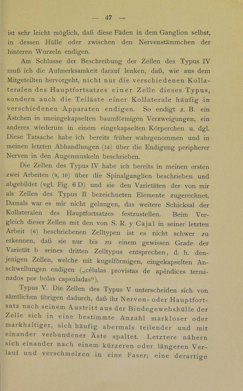 ist sehr leicht möglich, daß diese Fäden in dem Ganglion selbst, in dessen Hülle oder zwischen den Nervenstämmchen der hinteren Wurzeln endigen. Am Schlüsse der Beschreibung der Zellen des Typus IV muß ich die Aufmerksamkeit darauf lenken, daß, wie aus dem Mitgeteilten hervorgeht, nicht nur die verschiedenen Kolla- teralen des Hauptfortsatzes einer Zelle dieses Typus, sondern auch die Teiläste einer Kollaterale häufig in verschiedenen Apparaten endigen. So endigt z. B. ein Ästchen in uneingekapselten baumförmigen Verzweigungen, ein anderes wiederum in einem eingekapselten Körperchen u. dgl. Diese Tatsache habe ich bereits früher wahrgenommen und in meinen letzten Abhandlungen (14) über die Endigung peripherer Nerven in den Augenmuskeln beschrieben. Die Zellen des Typus IV habe ich bereits in meinen ersten zwei Arbeiten (9, 10) über die Spinalganglien beschrieben und abgebildet (vgl. Fig. 6 D) und sie den Varietäten der von mir als Zellen des Typus II bezeichneten Elemente zugerechnet. Damals war es mir nicht gelungen, das weitere Schicksal der Kollateralen des Hauptfortsatzes festzustellen. Beim Ver- gleich dieser Zellen mit den von S. R. y Cajal in seiner letzten Arbeit (6) beschriebenen Zelltypen ist es nicht schwer zu erkennen, daß sie nur bis zu einem gewissen Grade der Varietät b seines dritten Zelltypus entsprechen, d. h. den- jenigen Zellen, welche mit kugelförmigen, eingekapselten An- schwellungen endigen („celulas provistas de apendices termi- nados por bolas capsuladas“). lypus V. Die Zellen des Typus V unterscheiden sich von sämtlichen übrigen dadurch, daß ihr Nerven- oder Hauptfort- satz nach seinem Austritt aus der Bindegewebshülle der Zelle sich in eine bestimmte Anzahl markloser oder markhaltiger, sich häufig abermals teilender und mit einander verbundener Äste spaltet. Letztere nähern sich einander nach einem kürzeren oder längeren Ver- lauf und verschmelzen in eine Faser; eine derartige