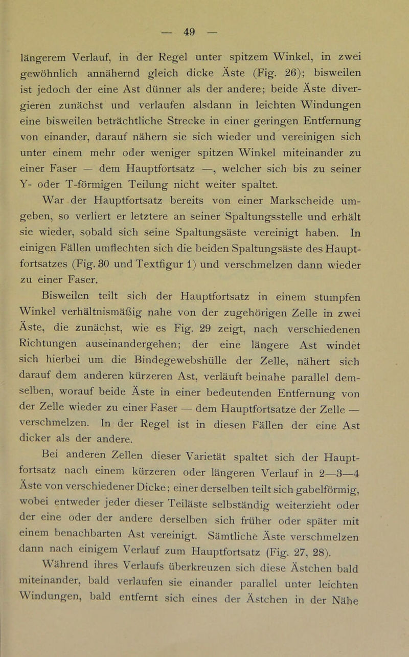 längerem Verlauf, in der Regel unter spitzem Winkel, in zwei gewöhnlich annähernd gleich dicke Äste (Fig. 26); bisweilen ist jedoch der eine Ast dünner als der andere; beide Äste diver- gieren zunächst und verlaufen alsdann in leichten Windungen eine bisweilen beträchtliche Strecke in einer geringen Entfernung von einander, darauf nähern sie sich wieder und vereinigen sich unter einem mehr oder weniger spitzen Winkel miteinander zu einer Faser — dem Hauptfortsatz —, welcher sich bis zu seiner Y- oder T-förmigen Teilung nicht weiter spaltet. War der Hauptfortsatz bereits von einer Markscheide um- geben, so verliert er letztere an seiner Spaltungsstelle und erhält sie wieder, sobald sich seine Spaltungsäste vereinigt haben. In einigen Fällen umflechten sich die beiden Spaltungsäste des Haupt- fortsatzes (Fig. 30 und Textfigur 1) und verschmelzen dann wieder zu einer Faser. Bisweilen teilt sich der Hauptfortsatz in einem stumpfen Winkel verhältnismäßig nahe von der zugehörigen Zelle in zwei Äste, die zunächst, wie es Fig. 29 zeigt, nach verschiedenen Richtungen auseinandergehen; der eine längere Ast windet sich hierbei um die Bindegewebshülle der Zelle, nähert sich darauf dem anderen kürzeren Ast, verläuft beinahe parallel dem- selben, worauf beide Äste in einer bedeutenden Entfernung von der Zelle wieder zu einer Faser — dem Hauptfortsatze der Zelle — verschmelzen. In der Regel ist in diesen Fällen der eine Ast dicker als der andere. Bei anderen Zellen dieser Varietät spaltet sich der Haupt- fortsatz nach einem kürzeren oder längeren Verlauf in 2—3—4 Äste von verschiedener Dicke; einer derselben teilt sich gabelförmig, wobei entweder jeder dieser I eiläste selbständig weiterzieht oder der eine oder der andere derselben sich früher oder später mit einem benachbarten Ast vereinigt. Sämtliche Äste verschmelzen dann nach einigem Verlauf zum Hauptfortsatz (Fig. 27, 28). Während ihres Verlaufs überkreuzen sich diese Ästchen bald miteinander, bald verlaufen sie einander parallel unter leichten Windungen, bald entfernt sich eines der Ästchen in der Nähe