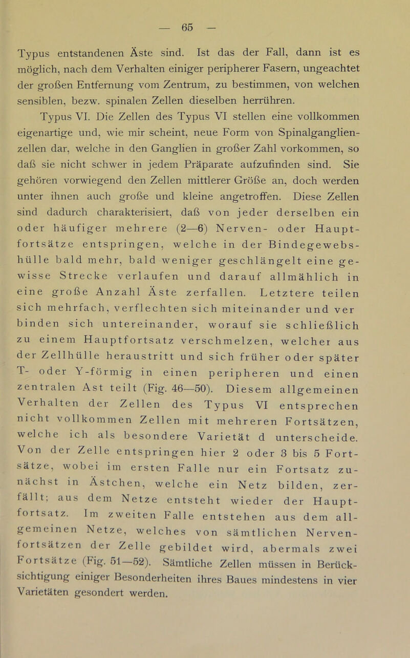 Typus entstandenen Äste sind. Ist das der Fall, dann ist es möglich, nach dem Verhalten einiger peripherer Fasern, ungeachtet der großen Entfernung vom Zentrum, zu bestimmen, von welchen sensiblen, bezw. spinalen Zellen dieselben herrühren. Typus VI. Die Zellen des Typus VI stellen eine vollkommen eigenartige und, wie mir scheint, neue Form von Spinalganglien- zellen dar, welche in den Ganglien in großer Zahl Vorkommen, so daß sie nicht schwer in jedem Präparate aufzufinden sind. Sie gehören vorwiegend den Zellen mittlerer Größe an, doch werden unter ihnen auch große und kleine angetroffen. Diese Zellen sind dadurch charakterisiert, daß von jeder derselben ein oder häufiger mehrere (2—6) Nerven- oder Haupt- fortsätze entspringen, welche in der Bindegewebs- hülle bald mehr, bald weniger geschlängelt eine ge- wisse Strecke verlaufen und darauf allmählich in eine große Anzahl Äste zerfallen. Letztere teilen sich mehrfach, verflechten sich miteinander und ver binden sich untereinander, worauf sie schließlich zu einem Hauptfortsatz verschmelzen, welcher aus der Zellhülle heraustritt und sich früher oder später T- oder Y-förmig in einen peripheren und einen zentralen Ast teilt (Fig. 46—50). Diesem allgemeinen Verhalten der Zellen des Typus VI entsprechen nicht vollkommen Zellen mit mehreren Fortsätzen, welche ich als besondere Varietät d unterscheide. Von der Zelle entspringen hier 2 oder 3 bis 5 Fort- sätze, wobei im ersten Falle nur ein Fortsatz zu- nächst in Ästchen, welche ein Netz bilden, zer- fällt; aus dem Netze entsteht wieder der Haupt- fortsatz. Im zweiten Falle entstehen aus dem all- gemeinen Netze, welches von sämtlichen Nerven- fortSätzen der Zelle gebildet wird, abermals zwei Fortsätze (Mg. 51 52). Sämtliche Zellen müssen in Berück- sichtigung einiger Besonderheiten ihres Baues mindestens in vier Varietäten gesondert werden.