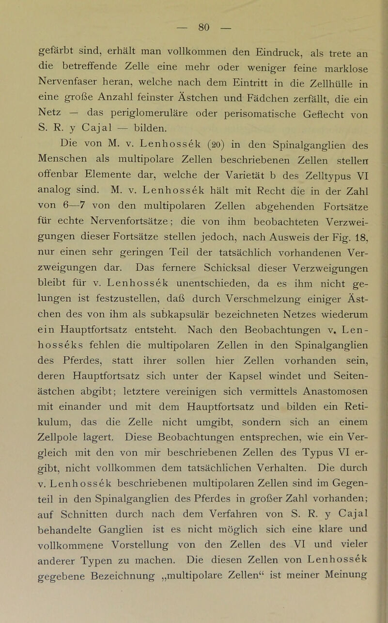 gefärbt sind, erhält man vollkommen den Eindruck, als trete an die betreffende Zelle eine mehr oder weniger feine marklose Nervenfaser heran, welche nach dem Eintritt in die Zellhülle in eine große Anzahl feinster Ästchen und Fädchen zerfällt, die ein Netz — das periglomeruläre oder perisomatische Geflecht von S. R. y Cajal — bilden. Die von M. v. Lenhossek (20) in den Spinalganglien des Menschen als multipolare Zellen beschriebenen Zellen stellen offenbar Elemente dar, welche der Varietät b des Zelltypus VI analog sind. M. v. Lenhossek hält mit Recht die in der Zahl von 6—7 von den multipolaren Zellen abgehenden Fortsätze für echte Nervenfortsätze; die von ihm beobachteten Verzwei- gungen dieser Fortsätze stellen jedoch, nach Ausweis der Fig. 18, nur einen sehr geringen Teil der tatsächlich vorhandenen Ver- zweigungen dar. Das fernere Schicksal dieser Verzweigungen bleibt für v. Lenhossek unentschieden, da es ihm nicht ge- lungen ist festzustellen, daß durch Verschmelzung einiger Äst- chen des von ihm als subkapsulär bezeichneten Netzes wiederum ein Hauptfortsatz entsteht. Nach den Beobachtungen v. Len- hosseks fehlen die multipolaren Zellen in den Spinalganglien des Pferdes, statt ihrer sollen hier Zellen vorhanden sein, deren Hauptfortsatz sich unter der Kapsel windet und Seiten- ästchen abgibt; letztere vereinigen sich vermittels Anastomosen mit einander und mit dem Hauptfortsatz und bilden ein Reti- kulum, das die Zelle nicht umgibt, sondern sich an einem Zellpole lagert. Diese Beobachtungen entsprechen, wie ein Ver- gleich mit den von mir beschriebenen Zellen des Typus VI er- gibt, nicht vollkommen dem tatsächlichen Verhalten. Die durch v. Lenhossek beschriebenen multipolaren Zellen sind im Gegen- teil in den Spinalganglien des Pferdes in großer Zahl vorhanden; auf Schnitten durch nach dem Verfahren von S. R. y Cajal behandelte Ganglien ist es nicht möglich sich eine klare und vollkommene Vorstellung von den Zellen des VI und vieler anderer Typen zu machen. Die diesen Zellen von Lenhossek gegebene Bezeichnung „multipolare Zellen“ ist meiner Meinung