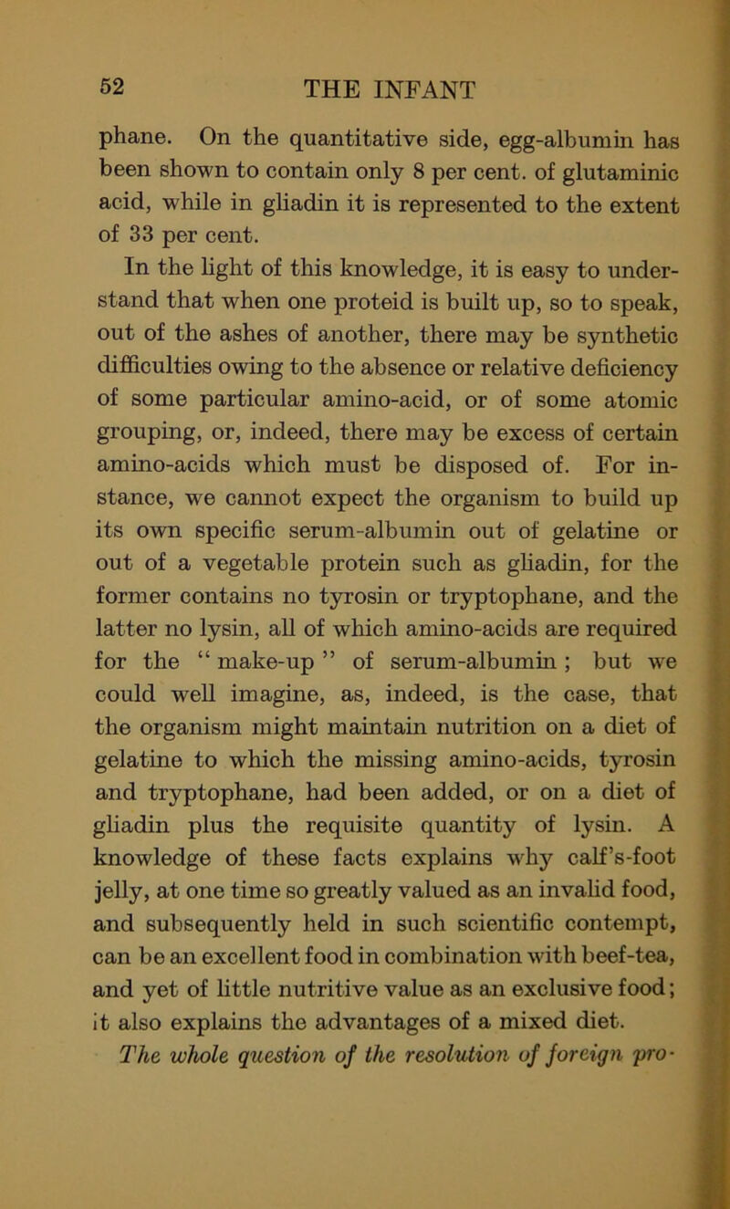 phane. On the quantitative side, egg-albumin has been shown to contain only 8 per cent, of glutaminic acid, while in gliadin it is represented to the extent of 33 per cent. In the light of this knowledge, it is easy to under- stand that when one proteid is built up, so to speak, out of the ashes of another, there may be synthetic difficulties owing to the absence or relative deficiency of some particular amino-acid, or of some atomic grouping, or, indeed, there may be excess of certain amino-acids which must be disposed of. For in- stance, we cannot expect the organism to build up its own specific serum-albumin out of gelatine or out of a vegetable protein such as gliadin, for the former contains no tyrosin or tryptophane, and the latter no lysin, all of which amino-acids are required for the “ make-up ” of serum-albumin ; but we could well imagine, as, indeed, is the case, that the organism might maintain nutrition on a diet of gelatine to which the missing amino-acids, tyrosin and tryptophane, had been added, or on a diet of gliadin plus the requisite quantity of lysin. A knowledge of these facts explains why calf’s-foot jelly, at one time so greatly valued as an invalid food, and subsequently held in such scientific contempt, can be an excellent food in combination with beef-tea, and yet of little nutritive value as an exclusive food; It also explains the advantages of a mixed diet. The whole question of the resolution of foreign 'pro-