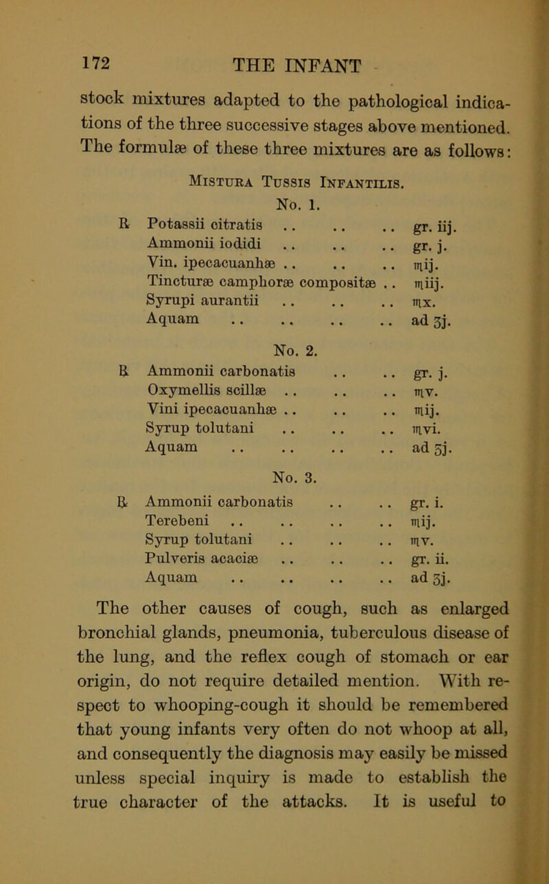 stock mixtures adapted to the pathological indica- tions of the three successive stages above mentioned. The formulae of these three mixtures are as follows: Mistura Tussis Infantilis. No. 1. Potassii oitratis gr. iij. Ammonii iodidi gr- j. Yin. ipecacuanha mij. Tincturae camphorae compositae .. miij. Syrupi aurantii TUX. Aquam ad 3j. No. 2. Ammonii carbonatis gr- j- Oxymellis scillae mv. Vini ipecacuanhae .. mij. Syrup tolutani mvi. Aquam ad gj. No. 3. Ammonii carbonatis gr. i. Terebeni mij. Syrup tolutani 1UV. Pulveris acaciae gr. ii. Aquam ad 5j. other causes of cough, such as enlarged bronchial glands, pneumonia, tuberculous disease of the lung, and the reflex cough of stomach or ear origin, do not require detailed mention. With re- spect to whooping-cough it should be remembered that young infants very often do not whoop at all, and consequently the diagnosis may easily be missed unless special inquiry is made to establish the true character of the attacks. It is useful to