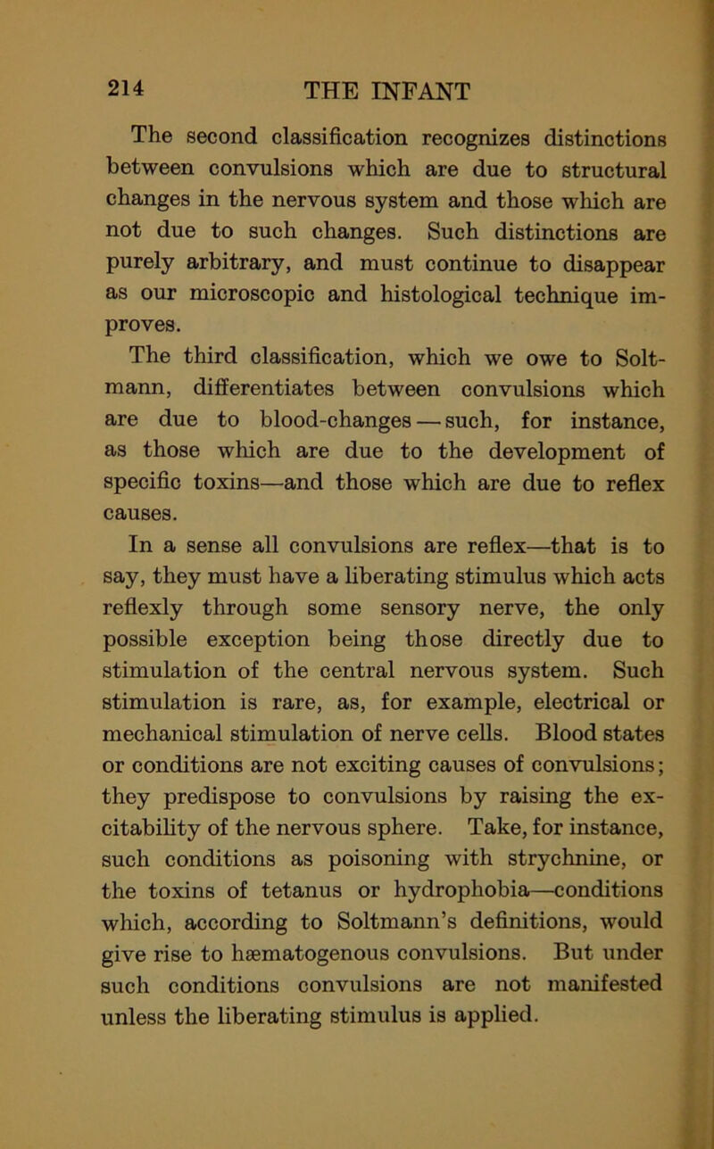 The second classification recognizes distinctions between convulsions which are due to structural changes in the nervous system and those which are not due to such changes. Such distinctions are purely arbitrary, and must continue to disappear as our microscopic and histological technique im- proves. The third classification, which we owe to Solt- mann, differentiates between convulsions which are due to blood-changes — such, for instance, as those which are due to the development of specific toxins—and those which are due to reflex causes. In a sense all convulsions are reflex—that is to say, they must have a liberating stimulus which acts reflexly through some sensory nerve, the only possible exception being those directly due to stimulation of the central nervous system. Such stimulation is rare, as, for example, electrical or mechanical stimulation of nerve cells. Blood states or conditions are not exciting causes of convulsions; they predispose to convulsions by raising the ex- citability of the nervous sphere. Take, for instance, such conditions as poisoning with strychnine, or the toxins of tetanus or hydrophobia—conditions which, according to Soltmann’s definitions, would give rise to hsematogenous convulsions. But under such conditions convulsions are not manifested unless the liberating stimulus is applied.
