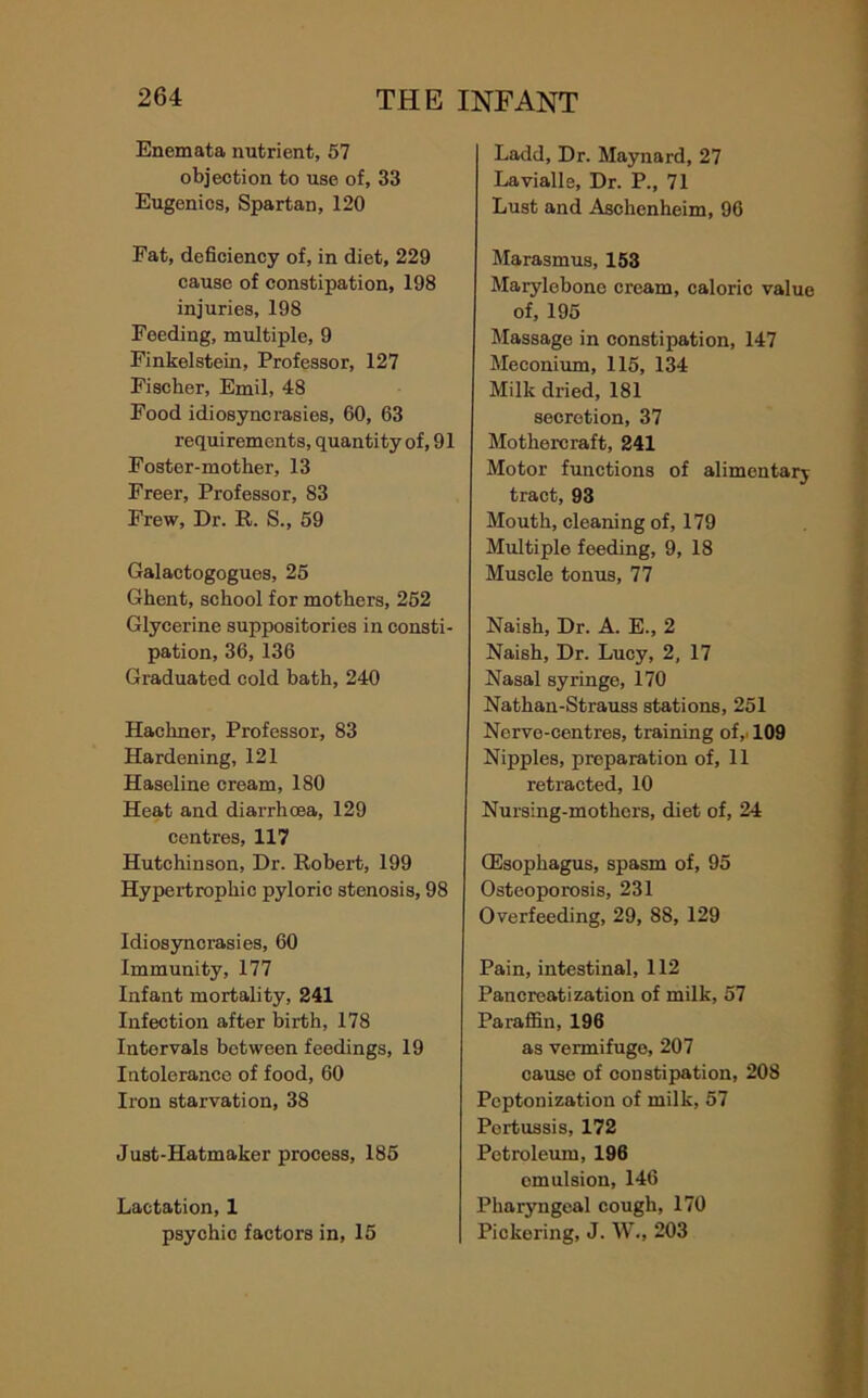 Enemata nutrient, 57 objection to use of, 33 Eugenics, Spartan, 120 Fat, deficiency of, in diet, 229 cause of constipation, 198 injuries, 198 Feeding, multiple, 9 Finkelstein, Professor, 127 Fischer, Emil, 48 Food idiosyncrasies, 60, 63 requirements, quantity of, 91 Foster-mother, 13 Freer, Professor, 83 Frew, Dr. R. S., 59 Galactogogues, 25 Ghent, school for mothers, 252 Glycerine suppositories in consti- pation, 36, 136 Graduated cold bath, 240 Hachner, Professor, 83 Hardening, 121 Haseline cream, 180 Heat and diai-rhosa, 129 centres, 117 Hutchinson, Dr. Robert, 199 Hypertrophic pyloric stenosis, 98 Idiosyncrasies, 60 Immunity, 177 Infant mortality, 241 Infection after birth, 178 Intervals between feedings, 19 Intolerance of food, 60 Iron starvation, 38 Just-Hatmaker process, 185 Lactation, 1 psychic factors in, 15 Ladd, Dr. Maynard, 27 Lavialls, Dr. P., 71 Lust and Aschenheim, 96 Marasmus, 153 Marylobone cream, caloric value of, 195 Massage in constipation, 147 Meconium, 115, 134 Milk dried, 181 secretion, 37 Mothercraft, 241 Motor functions of alimentary tract, 93 Mouth, cleaning of, 179 Multiple feeding, 9, 18 Muscle tonus, 77 Naish, Dr. A. E., 2 Naish, Dr. Lucy, 2, 17 Nasal syringe, 170 Nathan-Strauss stations, 251 Nerve-centres, training of,. 109 Nipples, preparation of, 11 retracted, 10 Nursing-mothers, diet of, 24 (Esophagus, spasm of, 95 Osteoporosis, 231 Overfeeding, 29, 88, 129 Pain, intestinal, 112 Pancroatization of milk, 57 Paraffin, 196 as vermifuge, 207 cause of constipation, 208 Peptonization of milk, 57 Pertussis, 172 Petroleum, 196 emulsion, 146 Pharyngeal cough, 170 Pickering, J. W., 203