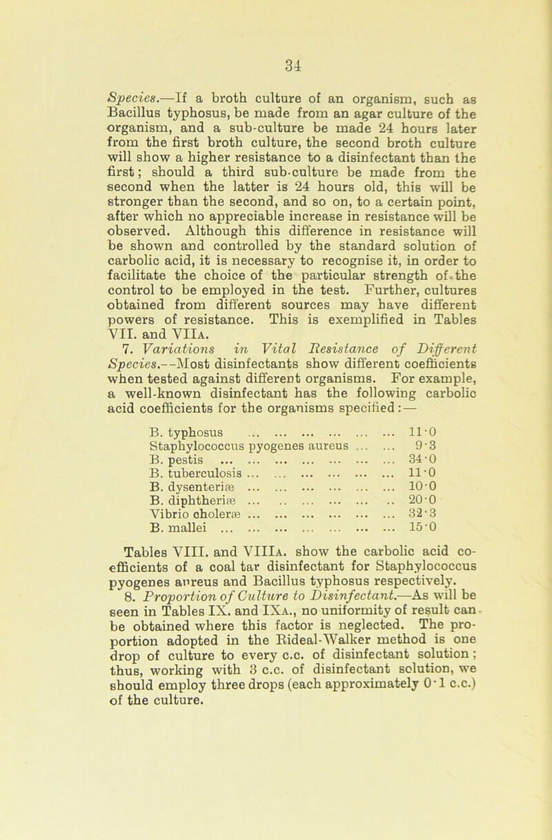 Species.—If a broth culture of an organism, such as Bacillus typhosus, be made from an agar culture of the organism, and a sub-culture be made 24 hours later from the first broth culture, the second broth culture will show a higher resistance to a disinfectant than the first; should a third sub-culture be made from the second when the latter is 24 hours old, this will be stronger than the second, and so on, to a certain point, after which no appreciable increase in resistance will be observed. Although this difference in resistance will be shown and controlled by the standard solution of carbolic acid, it is necessary to recognise it, in order to facilitate the choice of the particular strength of.the control to be employed in the test. Further, cultures obtained from different sources may have different powers of resistance. This is exemplified in Tables VII. and YIIa. 7. Variations in Vital liesistance of Different Species.—Most disinfectants show different coefficients when tested against different organisms. For example, a well-known disinfectant has the following carbolic acid coefficients for the organisms specified: — B.typhosus ... 11-0 Staphylococcus pyogenes aureus ... ... 9-3 B. pestis ... 34-0 B. tuberculosis ... 11-0 B. dysenterite ... 100 B. diphtherige .. 20-0 Vibrio oholerse ... 32-3 B. mallei ... 150 Tables VIII. and VIIIa. show the carbolic acid co- efficients of a coal tar disinfectant for Staphylococcus pyogenes aureus and Bacillus typhosus respectively. 8. Proportion of Culture to Disinfectant.—As will be seen in Tables IX. and IXa., no uniformity of result can. be obtained where this factor is neglected. The pro- portion adopted in the Eideal-Walker method is one drop of culture to every c.c. of disinfectant solution; thus, working with 3 c.c. of disinfectant solution, we should employ three drops (each approximately 0-1 c.c.) of the culture.