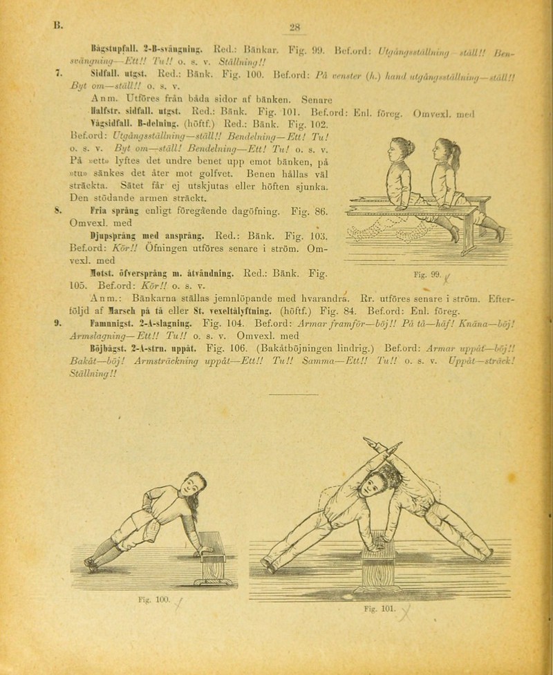 2« HAuI\. 100, licf.ord: IW Vt*n9U‘v (/*.) huud Httjawf/fnititiuiinj—Mtdlla Oinvexl. med Ba!;stui>rull. 2-B->*äu:;idii|;. Ued.: l$nnkui-. Fij;. !)!). Hef.ord: Vl,,äu,j,H<Uluin,j ,Uiä!! Hr,,- svänirning—KttU Tu!! o. si. v. SUtilnini/H Sitifall. ut^st. Hed.: Byt om—ställ!! o. s. v. Anm. Utfores från bAdii sidor nf bAnken. Sennre Ualfstr. sillfall. ul;st. Hed.: Bilnk. Fig. 101. Rcf.ord: KnI. föreg. Vässidfall. B-iliduiu;;. (böftf.) Hed.: Bfink. Fig. 102. Bef.ord: UtyCmysställning—ställ!! Bendelniny—Ett! Tu! o. s. V. Byt om—ställ! Bendelniny—Ett! Tu! o. s. v. Pil uettu lyftes det undre benet upp emot bAnken, pd »tu» sAnkes det :lter mot golfvet. Benen hållas väl sträckta. Sätet får ej utskjutas eller höften sjunka. Den stödande armen sträckt. Fria spräng enligt föregående dagöfning. Fig. 86. Omvexl. med Djupsliräng med aiispräng. Red.: Bänk. Fig. 103. Bef.ord: Kör!! Ofningen utföres senare i ström. Om- vexl. med Hotst. öfrerspräng m. ätTändning. Red.: Bänk. Fig. 105. Bef.ord: Kör!! o. s. v. Anm.: Bänkarna ställas jemnlöpande med hvarandra, Famnnigst. 2-.l-slagniiig. Fig. 104. Bef.ord: Armar framför—böj!! På tå—häf! Knäna—böj! Armslagning—Ett!! TxiH o. s. v. Omvexl. med Böjbässt. 2-A-strn. uppät. Fig. 106. (Bakåtböjningen lindrig.) Bef.ord: Armar uppåt'—IdijH Bakåt—böj! Armsträckning uppåt—Ett!! TnH Samma—Ett!! Tu!! o. s. v. Uppåt—sträck! Ställning!! Hr. utföres senare i ström. Efter-