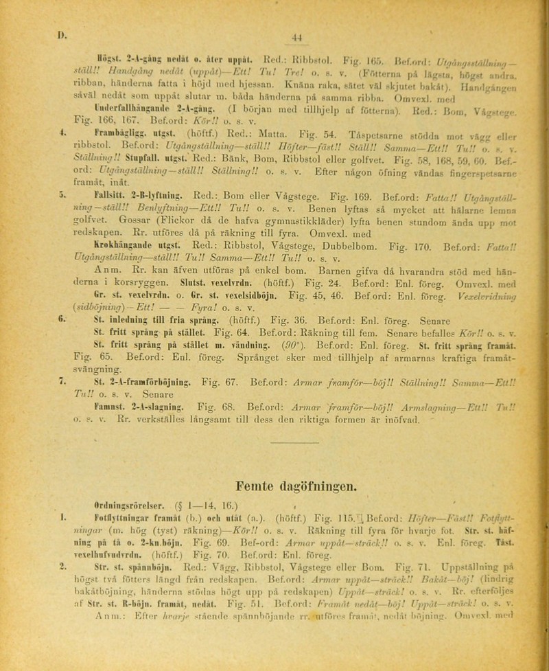 IlfiSst. 2-A-såuf; urtlat o. él.-r u|i|ial. Hel.: Hil.l).^tnl. Kig. Hjr,. H.-f.orrl: Uly,h,ij;UiUt,i„.j- stälW Hanihjån,j uediU {uppAt)—Ktt! Tu! Tre! o. h. v. (Kr,tu.Tim pA lAg^tu, an.lra. ribban, hAndermi fatta i liOjil med hjeaxnn, Knflim raka, oAtet vA) wkjntet bakAt), JlandgArigei såvAl nedAt aom uppåt alutar ui. liåda liiludcrna pA aaiiima ribba. f)rnvex). med lii.lerfttllhäuynuile 2-A--;äii-. (1 början med tilllijelp af fötterna). Hed.: Hotii, VA-zate^e. Fig. 166, 167. Bef.ord: KörU o. a. v. Franibås;li!:5. ut?sr (höftf.) Red.: xMatta. Fig. 54. TAspetaarne etödda mot vAgg eller nbbatol. Bef.ord: UtgangstäUning—staUU Höfter—fustU Ställ!! Sarnmn—EttU Tuh''(k i>. v. Ställning!! Stupfull, utgst. Red.: Bank, Bom, Ribbstol eller golfvet. Fig. 58, 168, 59, 60. Bef.- ord: Utgängställning—ställ!! Ställning!! o. s. v. Efter någon öfning vAndas fingerapetaame framåt, inät. FiillsiU. 2-B-lyftidn?. Red.: Bom eller VAgstege. Fig. 169. Bef.ord: FatUtH UtgångttäU- ning-ställ!! Benlyftning—Ett!! Tu!! o. s. v. Benen lyftas aå myeket att hAlarne lemna golfvet. Gossar (Flickor då de hafva gymnaatikklAder) lyfta henen stundom ända upp mot redskapen. Rr. utföres då på räkning till fyra. Omvexl. med krnkhfiiigaiiile utgst. Red.: Ribbstol, Vågstege, Dubbelbom. Fig. 170. Bef.ord: Fatta!! (Jtgångställning—ställ!! Tu!! Samma—Ett!! Tu!! o. s. v. Anm. Rr. kan äfven utföras på enkel bom. Barnen gifva då hvarandra stöd med hän- derna i korsryggen. Slutst. rexclrrdn. (höftf.) Fig. 24. Bef.ord: Enl. föreg. Omvexl. med Gr. st. rexehnln. o. Cr. st. rcxelsiilböjn. Fig. 45, 46. Bef.ord: Enl. föreg. Vexelvridnivg {sidböjning) — Ett! — — Fyra! o. s. v. St. inledning till fria språng, (höftf.) Fig. 36. Bef.ord: Enl. föreg. Senare St. fritt språng på stället. Fig. 64. Bef.ord: Räkning till fem. Senare befalles Kör!! o. s. v. St. fritt språng på stället ni. vändning. {90°). Bef.ord: Enl. föreg. St. fritt språng franåt. Fig, 6.5. Bef.ord: Enl. föreg. Språnget sker med tillhjelp af armarnas kraftiga framåt- svänsrning. st. 2-A-framförböjning. Fig. 67. Bef.ord: Armar fmmför—böj!! Ställning!! Samma—Ett!! Tu!! o. s. V. Senare Faninst. 2-A-slagning. Fig. 68. Bef.ord: Armar framför—höj!! Armslagning—EflH Tu!! o. s. V. Rr. verkställes långsamt till dess <len riktiga formen är inöfvad. Femte (lagöfiiingeii. I Ordningsrnrelser. (§ 1 —14, 16.) < Fotllyttninsnr framåt (b.) orli utåt (a.), (höftf.) Fig. 115.B Bef.ord: Höfter—Fäst!! Fotflyit- ningar (m. hög (tyst) räkning)—Kör!! o. s. v. Räkning till fyra för hvarje fot. Str. st. häf- ning på tå o. 2-kn.hnjn. Fig. 69. Bef-ord: Armar uppåt—.slräek!! o. s. v. Enl. föreg. Tåvt. Tevelhufvudvrdn. (höftf.) Fig. 70. Bef.ord: Enl. föreg. Str. st. spännbnjn. Red.: Vägg, Ribbstol, Vågstege eller Bom. Fig. 71. Fppställning på högst två fötters längd från redskapen. Bef.ord: Armar uppåt—sträck!! Bakåt—böj! (lindrig bakåtböjning, händerna stödas högt upp på redskapen) Uppåt—sträck! o. s. v. Rr. eftcrföljcs af Str. st. R-böjn. framåt, nedåt. Fig. 51. Bef.ord: Framåt nedåt—höj! Uppåt—sträck! o. s. v. Anm.: Efter hrurje ståcnile .spännböjandc rr. ttlföre.-i fram.il, ned,ål brpjning. Omvexl. Tued