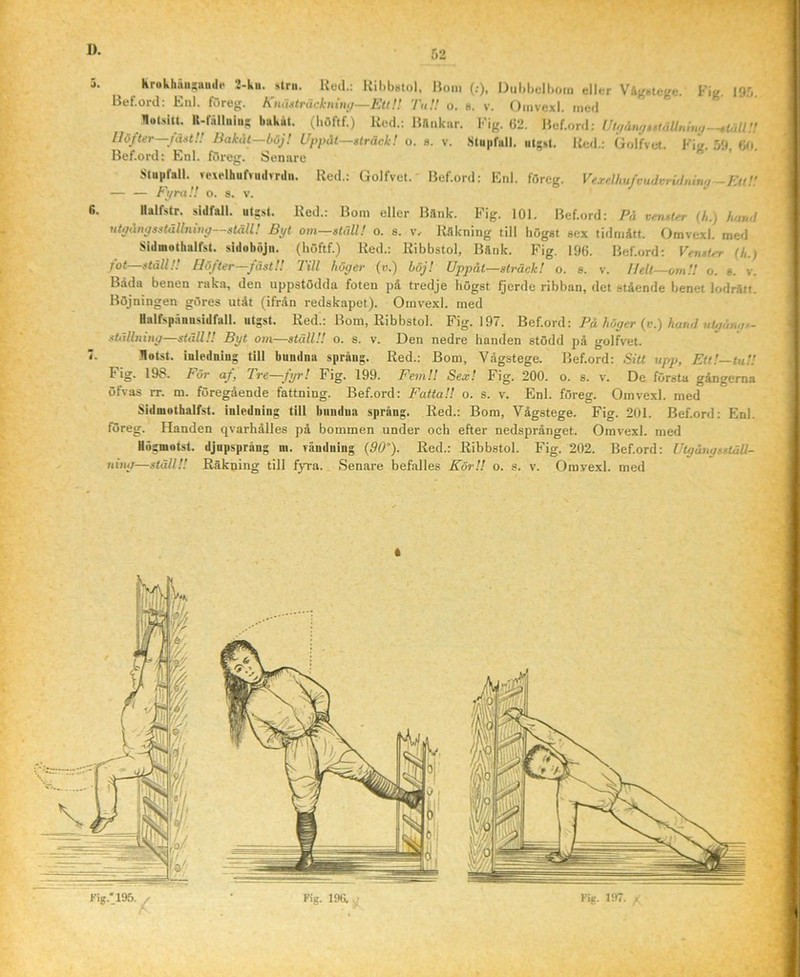 krokhän?tt.idp 2-ku. strii. Reil.: liihbstol. Bom (;), Dubbelbom eller VAgacge. Fip. I9b, Bcf.ord: Enl. föreg. h'nuslräcknin</—EtlH Tnl! o. s. v. Omvexl. med notsitt. U-r:illniu5 baUl. (böftf.) Red.: Bilnkur. Fig. 02. Bef.onl: Höfter—fäst!! liakåt—böj! Uppåt—»iräck! o. s. v. .Slupfulb iitgst. Red.: Golfvet. Fig. 59 (Ut. Bef.ord: Enl. föreg. Senare Stupfall. ve\elhufvu.lvrilii. Red.: Golfvet. Bef.ord: Enl. fflreg. Vexelhufcndvrulnmrj-KttU — — Fyra'.! o. s. v. Halfstr. sidfall. utgst. Red.: Bom eller Bflnk. Fig. 101. Bef.ord: På vemler (L, /uj„d ntyånysetällnitiy ställ! Byt om—ställ! o. s. v. Rakning till liögat sex tidmätt. Omvexl. med Sidmothalfst. sidoböjn. (böftf.) Red.: Ribbstol, Bank. Fig. 196. Bef.ord: Venster (h.) fot—ställ!! Höfter—fäst!! Till höger (v.) böj! Uppåt—sträck! o. s. v. Hell—omH o. e. v. Båda benen raka, den iippstödda foten på tredje högst fjerde ribban, det stående benet lodrätt. Böjningen göres utåt (ifrån redskapet). Omvexl. med Halfspännsidfall. utgst. Ked^: Bom, Ribbstol. Fig. 197. Bef.ord: På höger (v.) hand t,tgän„>- ställning—ställ!! Byt om—ställ!! o. s. v. Den nedre handen stödd på golfvet. Ilotst. inledning till bundna språng. Red.: Bom, Vågstege. Bef.ord: SiU upp. Ett!—tu!! Fig. 198. För af. Tre—fyr! Fig. 199. FetnU Sex! Fig. 200. o. s. v. De första gångerna öfvas rr. m. föregående fattning. Bef.ord: Fatta!! o. s. v. Enl. föreg. Omvexl. med Sidmothalfst. inledning tiii biindua språng. Red.: Bom, Vågstege. Fig. 201. Bef.ord: Enl. föreg. Handen qvarhålles på bommen under och efter nedsprånget. Omvexl. med Hugmotst. djupsprång ni. vändning {90). Red.: Ribbstol. Fig. 202. Bef.ord: Utgångsställ- 7iiny—ställ!! Räkping till fyra. Senare befalles KörU o. s. v. Omvexl. med t ;l / »jarwwmjoti w , iiwn» w* '||^nl'.^^||^| um