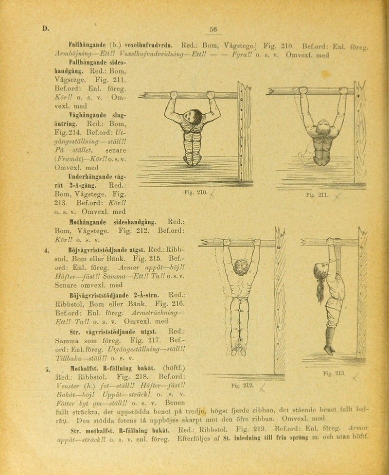 Fallhäti^aiiilr (b.) rexolhurvuihnlii. lioJ.: Uom, Vdfraiej^o.; Ki^. 210. ilef.ord; Kfil. lörc-». Annböjninp—Ett!! Vexelhifrudvridninij—Ettl! F;/ru!! o. h. v. Uinvcxl. tned KailhäuguDile sides- haiidgåa:;. Red.: Buin, V'ågstegc. Fig. 211. Bef.ord: Enl. föreg. Kör!! o. s. V. Oin- vexl. ined Va^hänsande slag- aatrin;. Red.: Boiu, Fig.214. Bef.ord: Ut- ijånijsställning—ställ!! På stället, senare {Framåt)—Kör!! o. s. v. Onivexl. med Inderhängande Tåg- rät S-.t-gång. Red.: Bom, Vågstege. Fig. ^ Fig. 211. ^ 213. Bef. ord: Kör I! o. s. V. Omvexl. med llothängande sideshandgäng. Red.: Bom, V*dgstege. Fig. 212. Bef.ord: Kör!! o. s. V. BöjTågTriststödjande ntgst. Red.:Ribb- stol. Bom eller Bänk. Fig. 215. Bef.- ord: Enl. föreg. Armar uppåt—höj!! Höfter—fäst!! Sa7nma-—Ett!! Tu!! o.s.v. Senare omvexl. med BöjTågTriststödjande 2-A-strn. Red.: Ribbstol, Bom eller Bänk. Fig. 216. Bef.ord: Enl. föreg. Armsträckning— Ett!! Tu!! o. s. v. Omvexl. med Str. TågTriststödjande ntgst. Red.: Samma som föreg. Fig. 217. Bel.- ord: Enl. föreg. Utgångsstållning—ställ!! Tillbaka—ställ!! o. 8. v. Bothnifst. R-fällning bakåt, (höftf.) Red.: Ribbstol. Fig. 218. Bef.ord: Tenster (h.) fot—ställ!! Höfter—fäst!! Fig. 212. Bakat—boj! Uppåt—sträck! o. 8. v. Fotter bgt orn—ställl! o. s. v. Benen fullt sträckta, det uppstödda benet på tredje, bögst Qerdc ribban, det stående benet fullt lod- rät. Den stödda fotens tå uppböjes skarpt mot den öfre ribban. Omvexl. inetl Str. mothalfst. R-fällniiig bakat. Red.: Ribbstol. Fig. 219. Bef.ord: Enl. föreg. Armar uppåt—sträck!! o. 8. v. enl. föreg. Efterföljes af St. inledning till fria sprang m. och utan höftf.