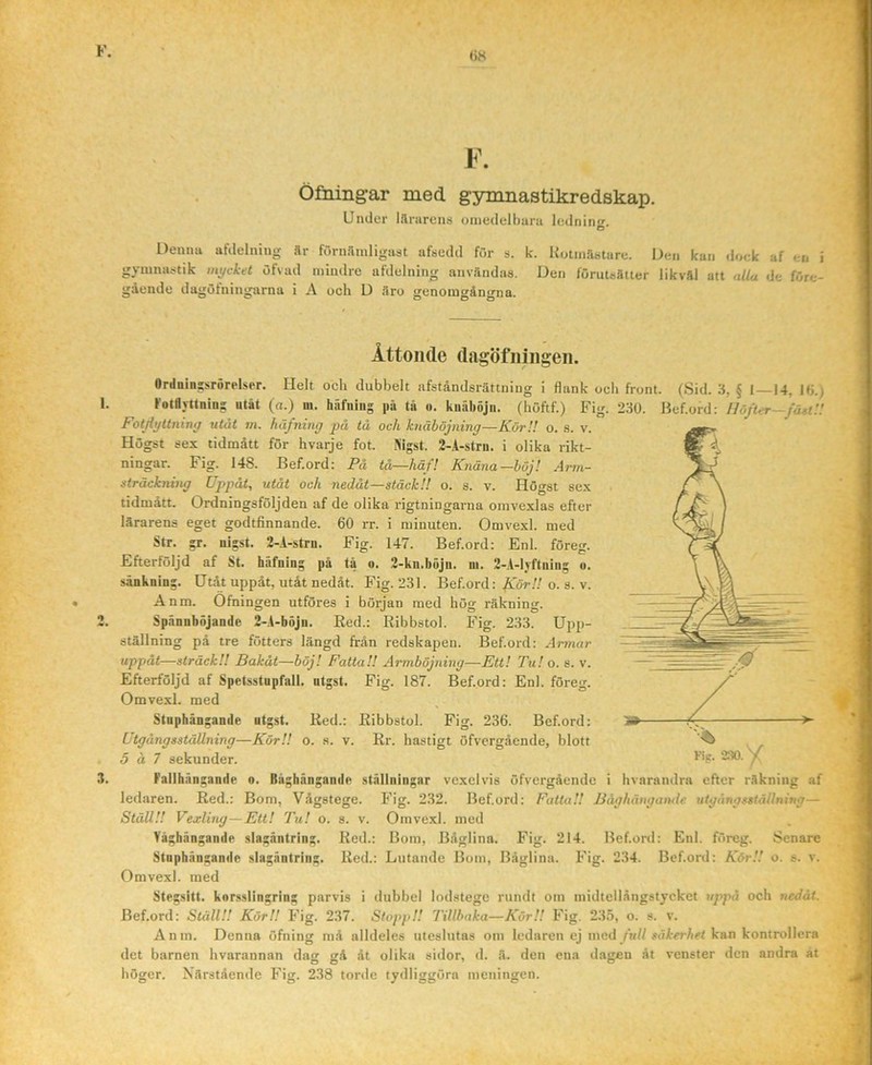 Ofningar med gymnastikredskap. Under lanirens oiiiedelbaru lednin. Denmi afdelniug ar förnämligast afsedd för s. k. Uotmästare. Den kan dock af en i gymnastik mycket öfvad mindre afdelning användas. Den förutsätter likval att alla de före- gående dagöfningarna i A och D äro genomgångna. Åttonde dagöfningeii. Ordnin?srörelser. Helt oeli dubbelt afståndsrättning i flank och front. (Sid. 3, § 1—14, lö.) fotflyttnins utåt (a.) m. hiifniiig på tå o. kiiäböjn. (höftf.) Fig. 230. Bef.ord; Höfter—fått'.: Fotjiyttniny utåt m. häfning på tå och knäböjning—KörU o. s. v. Högst sex tidmått för hvarje fot. Jiigst. 2-.å-stru. i olika rikt- ningar. Fig. 148. Bef.ord: På tå—håf! Knäna—höj! Arm- sträckning Uppåt, utåt och nedåt—stäckl! o. s. v. Högst sex tidmått. Ordningsföljden af de olika rigtningarna omvexlas efter lärarens eget godtfinnande. 60 rr. i minuten. Omvexl. med Str. gr. nigst. 2-A-strn. Fig. 147. Bef.ord: Enl. föreg. Efterföljd af St. häfning på tå o. 2-kn.bujn. m. 2-A-lyftning o. sänkning. Utåt uppåt, utåt nedåt. Fig. 231. Bef.ord: o. s. v. Anm. Öfningen utföres i början med hög räkning. Spännböjande 2-A-böjii. Red.: Ribbstol. Fig. 233. Upp- ställning pä tre fötters längd från redskapen. Bef.ord: Ar?nar uppåt—sträck!! Bakåt—böj! Fatta!! Armböjning—Ett! Tu! o. s. Efterföljd af Spetsstupfall. ntgst. Fig. 187. Bef.ord: Enl. föreg. Omvexl. med Stnphängande utgst. Red.: Ribbstol. Fig. 236. Bef.ord: Utgångsställning—Kör!! o. s. v. Rr. hastigt öfvergående, blott 5 å 7 sekunder. Fallhängande o. Båghängande ställningar vcxclvis öfvergående i hvarandra efter räkning af ledaren. Red.: Bom, Vågstege. Fig. 232. Bef.ord: Fatta!! Båghängamle utgångsställning— Ställ!! Vexling—Ett! Tu! o. s. v. Omvexl. med Våghängande slagäntring. Red.: Bom, Båglina. Fig. 214. Bef.ord: Enl. föreg. Senare Stuphängande slagäntring. Red.: Lutande Bom, Båglina. Fig. 234. Bef.ord: Kör!! o. s. v. Omvexl. med Stegsitt. korsslingring parvis i dubbel lodstege rundt om niidtellångstycket uppå och nedåt. Bef.ord: Ställ!! Kör!! Fig. 237. Stopp!! Tillbaka—Kör!! Fig. 235, o. s. v. Anm. Denna öfning luä alldeles uteslutas om ledaren ej med/m//sciA-erÄrt kan kontrollera det barnen hvarannan dag gå åt olika sidor, d. ä. den ena dagen åt venster den andra ät höger. Närstående Fig. 238 torde tydliggöra meningen.