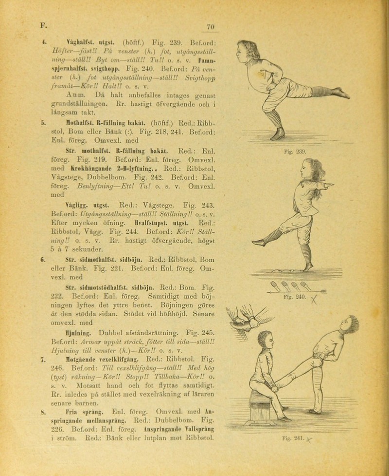 4. Vashalfst. (höftf.) Fijr. 23!l. Hef.onI: tlöfter—/ägt!! l\i veugler (h.) jot, nti/äiiijggtätl- Htni/—ställ!! Byt om—ställ!! Tu!! o. tt. v. Kaiuii- ^|ljerIlhaif!>t. Fig. 240. Mof.oril: !\\ ven- sler (A.) Jot utyCinysställniny—ställ!! Svlylliopp framåt—Kör!! Hall!! o. s. v. Anm. Då halt iinbefalles intugea genutit gruiulstålluingen. Ur. hastigt öfvergåuude och i långsam takt. 5. Hothalfst. R-fåiliiiii;; hakat, (höftf.) Ucd.: Kibh- stol. Bom eller Bånk (:). Fig. 218, 241. Bef.ord: Enl. föreg. Omvexl. med Str. Mothalfst. K-fullniiig bakat. Ked.: Enl. föreg. Fig. 219. Bef.ord: Enl. föreg. Omvexl. med krokhänsanilr 2-B-l}ftning.< Red.; Ribbstol, Vägstege, Dubbelbom. Fig. 242. Bef.ord: Enl. föreg. Benlyftning—Ett! Tu! o. s. v. Omvexl. med yågligg. utgst. Red.: Vågstege. Fig. 243. Bef.ord: Utgångsställning—ställ!! Ställning!! o. a. v. Efter mycken öfning. Uralfstupst. utgst. Red.: Ribbstol, Vägg. Fig. 244. Bef.ord: Kör!! Ställ- ning!! o. s. V. Rr. hastigt öfvergående, högst 5 å 7 sekunder. 6. Str. sidmathalfst. sidböju. Red.: Ribbstol, Bom eller Bänk. Fig. 221. Bef.ord: Enl. föreg. Om- vexl. med Str. sidmotstödhalfst. sidböjn. Red.: Bom. Fig. 222. Bef.ord: Enl. föreg. Samtidigt med böj- ningen lyftes det yttre benet. Böjningen göres åt den stödda sidan. Stödet vid höfthöjd. Senare omvexl. med njulniug. Dubbel afståndsrättning. Fig. 245. Bef.ord: Ärmar uppåt sträck, fotter till sida—ställ!! Iljulning till venster (A.)—Kör!! o. s. v. 7. Hotgaende Teielklifgiing. Red.: Ribbstol. Fig. 246. Bef.ord: Till ve.relklifgång—ställ!! Med hög (tyst) räkning —Kör!! Stopp!! Tillbaka—Kör!! o. s. V. Motsatt hand och fot flyttas samtidigt. Rr. inledes på stället med vexelräkning af läraren senare barnen. 8. Fria språng. Enl. föreg. Omvexl. med An- springande niellansprång. Red.: Dubbelbom. Fig. 226. Bef.ord: Enl. föreg. Anspringaiide Vallspräns: i ström. Red.: Bänk eller lutplan mot Ribbstol.