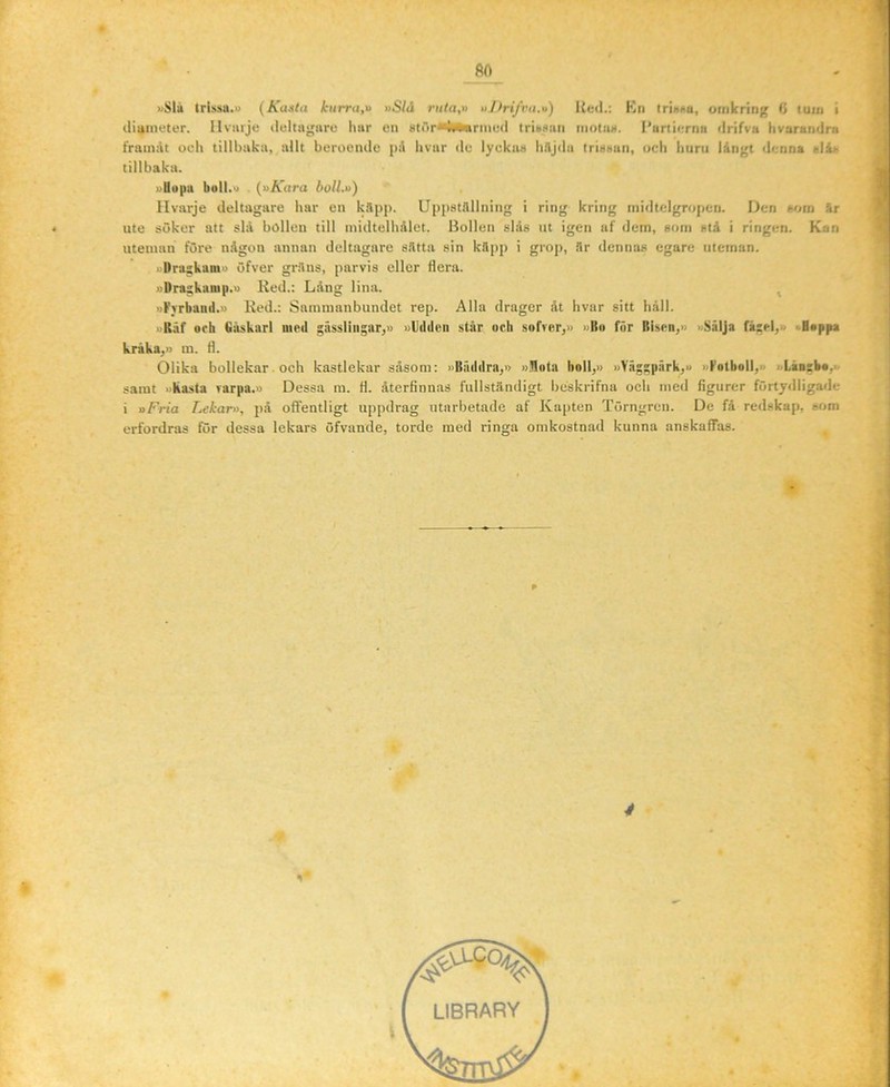 ftA wSla trbaa.'j (Kasta kurra,» »Slå ruta,» »Jhifvu.») Ued.: Kn trini-a, omkring 6 tum i diameter. Ilviuje deltngiire hur en stiirHUwrined trifeHitn tnotua. I’urtii;rnn tlrifva hvaraiidra framåt oeti tillbuku, allt beroende på livar de lyckiiti håjdu triKHun, och liuru långt denna «låi> tillbaka. uHupu boll.» . (»Kara boll.») Ilvarje deltagare har en kåpp. Uppställning i ring kring midtclgropen. Den som är * ute söker att slå bollen till midtelhålet. Bollen slås ut igen af dem, sorn stå i ringen. Kan uteinun före någon annan deltagare sftttn sin käpp i grop, 3r dennas egare uteman. uDraskam» öfver gr.åns, parvis eller flera. »Dra^kunip.u Ked.: Lång lina. ^ »Kyrband.» Red.; Sammanbundet rep. Alla drager åt hvar sitt håll. ”Käf orb Gåskarl nied gässliiigar,» »Udden står och sofrer^» »ilo för Bisen,» '.Sälja fä:el,o >.H«ppa kråka,» m. fl. Olika bollekar . och kastlekar såsom: »Bäddra,» ».Bota boll,» »Väggpärk,» »Fotboll,» »Lånsbo.' samt »kasta varpa.» Dessa m. fl. återfinnas fullständigt beskrifna och med figurer förtydligade i »Fria Lekar», på offentligt uppdrag utarbetade af Kapten Törngren. Dc få redskap, »om erfordras för dessa lekars öfvande, torde med ringa omkostnad kunna anskaffas. ^