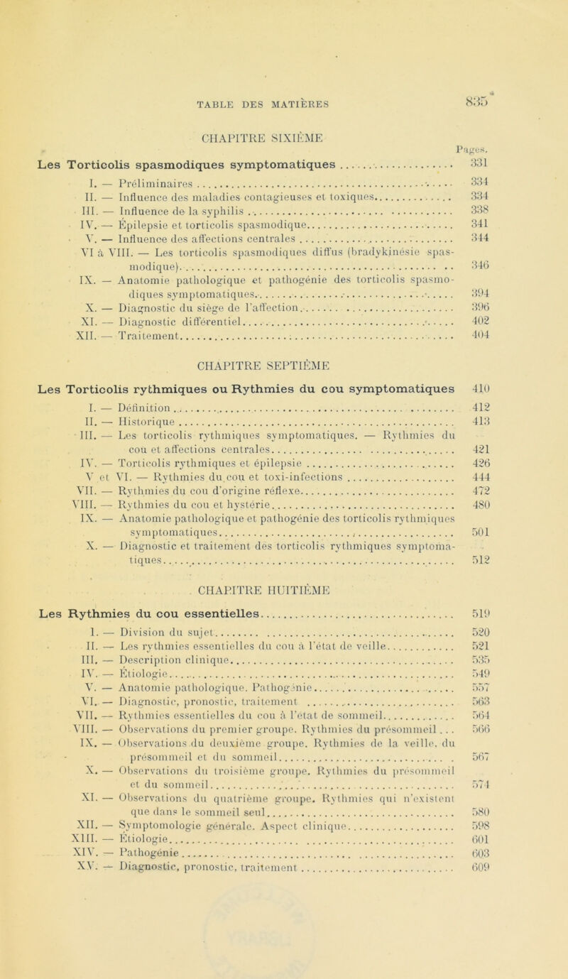 CHAPITRE SIXIÈME Pa^^us. Les Torticolis spasmodiques symptomatiques 331 I. — Préliminaires 331 IL — Influence des maladies contagieuses et toxiques 334 III. — Influence delà syphilis 338 IV. — Epilepsie et torticolis spasmodique 341 • A'.— Influence des affections centrales 344 VI à VIII. — Les torticolis spasmodiques diffus (bradykinésie spas- modique).... 346 IX. — Anatomie pathologique et pathogénie des torticolis spasmo- diques symptomatiques. ■ • 394 X. — Diagnostic du siège de l'aflection. 396 XI. — Diagnostic diflerentiel * 402 XII.— Traitement 404 CHAPITRE SEPTIÈME Les Torticolis rythmiques ou Rythmies du cou symptomatiques 410 I. — Déflnition 412 H. — Historique 413 III. — Les torticolis r3’thmiques symptomatiques. — Rythmies du cou et affections centrales 421 IV. — Torticolis rythmiques et épilepsie 426 A' et AT. — Rythmies du.cou et toxi-infections 444 ATI. — Rythmies du cou d'origine réflexe 472 ATH. — Rythmies du cou et hystérie 480 IX. — Anatomie pathologique et pathogénie des torticolis rythmiques symptomatiques 301 X. — Diagnostic et traitement des torticolis rythmiques symj)toma- tiques .312 CHAPITRE HUITIÈME Les Rythmies du cou essentielles 519 1. — Division du sujet 520 H. — Les rythmies essentielles du cou à l'état de veille 521 Hl. — Description clinique 535 lAL — Etiologie 549 A'. — Anatomie pathologique. Pathogénic 557 AT. — Diagnostic, j>ronostic, traitement 563 ATI. — Rythmies essentielles du cou fi l’etat de sommeil. 564 ATH. — Observations du premier groupe. Rythmies du présommeil... 566 IX. — Observations du deuxième groui>e. Rythmies de la veille, du présommeil et du sommeil 567 X. — Observations du troisième groupe. Rythmies du présommeil et du sommeil .' 574 XI. — Observations du quatrième groupe. Rythmies qui n’existent que dans le sommeil setil 58U XII. — Symptomologie générale. Aspect clinique 598 XIII. — Etiologie 601 XIAT — Pathogénie 603 XA'. — Diagnostic, pronostic, traitement 609