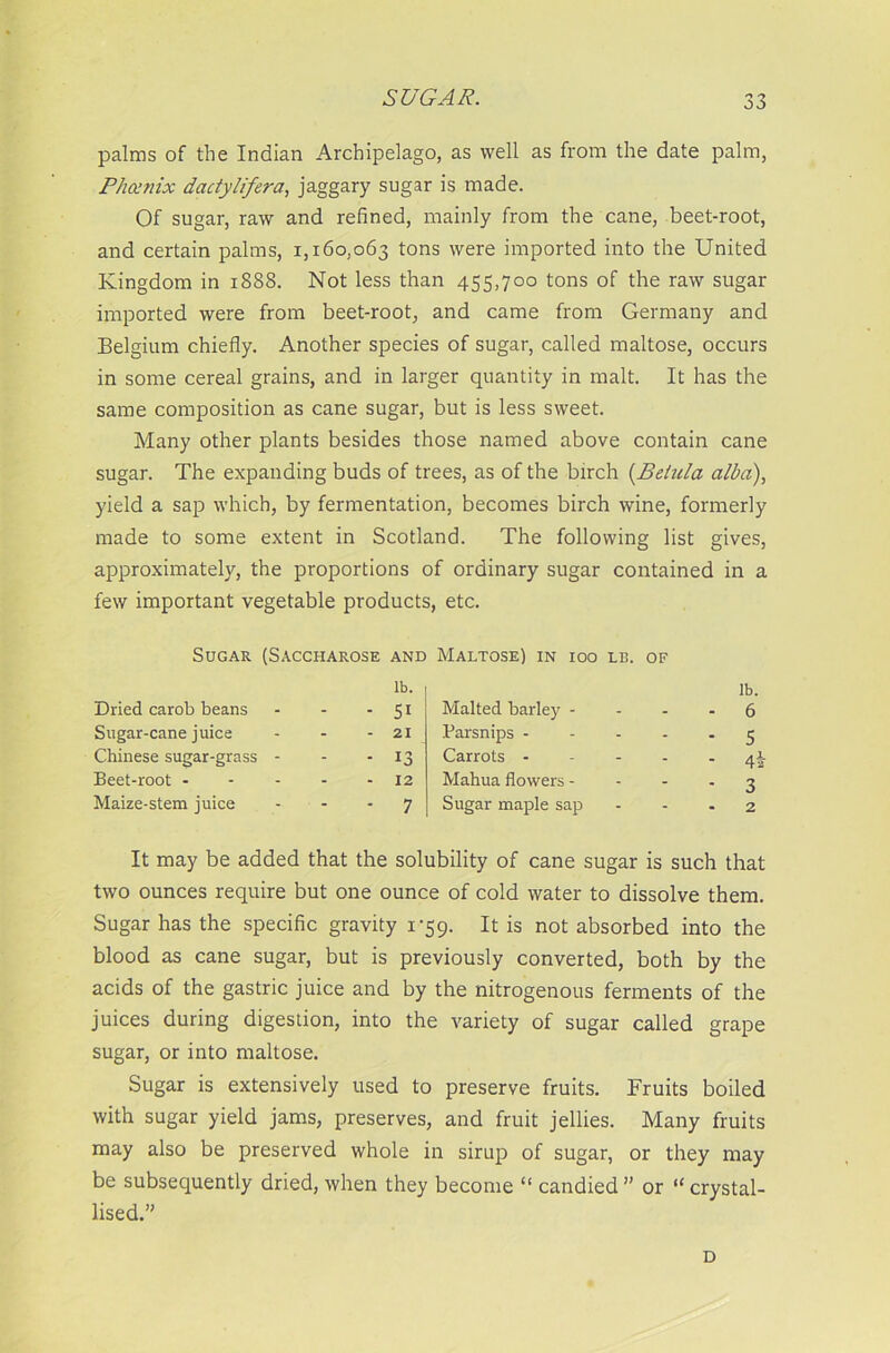 palms of the Indian Archipelago, as well as from the date palm, Phcenix dactylifera, jaggary sugar is made. Of sugar, raw and refined, mainly from the cane, beet-root, and certain palms, 1,160,063 tons were imported into the United Kingdom in 1888. Not less than 455,700 tons of the raw sugar- imported were from beet-root, and came from Germany and Belgium chiefly. Another species of sugar, called maltose, occurs in some cereal grains, and in larger quantity in malt. It has the same composition as cane sugar, but is less sweet. Many other plants besides those named above contain cane sugar. The expanding buds of trees, as of the birch (.Betula alba), yield a sap which, by fermentation, becomes birch wine, formerly made to some extent in Scotland. The following list gives, approximately, the proportions of ordinary sugar contained in a few important vegetable products, etc. Sugar (Saccharose and Maltose) in ioo lb. of lb. lb. Dried carob beans - - 51 Malted barley - - - 6 Sugar-cane juice - - 21 Parsnips - - - 5 Chinese sugar-grass - - - 13 Carrots - - 4a Beet-root - - - 12 Mahua flowers - - - 3 Maize-stem juice - - 7 Sugar maple sap - 2 It may be added that the solubility of cane sugar is such that two ounces require but one ounce of cold water to dissolve them. Sugar has the specific gravity 1-59. It is not absorbed into the blood as cane sugar, but is previously converted, both by the acids of the gastric juice and by the nitrogenous ferments of the juices during digestion, into the variety of sugar called grape sugar, or into maltose. Sugar is extensively used to preserve fruits. Fruits boiled with sugar yield jams, preserves, and fruit jellies. Many fruits may also be preserved whole in sirup of sugar, or they may be subsequently dried, when they become “candied” or “crystal- lised.” D