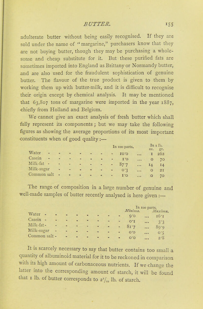 adulterate butter without being easily recognised. If they are sold under the name of “margarine,” purchasers know that they are not buying butter, though they may be purchasing a whole- some and cheap substitute for it. But these purified fats are sometimes imported into England as Brittany or Normandy butter, and are also used for the fraudulent sophistication of genuine butter. The flavour of the true product is given to them by working them up with butter-milk, and it is difficult to recognise their origin except by chemical analysis. It may be mentioned that 63,807 tons of margarine were imported in the year 18S7, chiefly from Holland and Belgium. We cannot give an exact analysis of fresh butter which shall fully represent its components ; but we may take the following figures as showing the average proportions of its most important constituents when of good quality :— Water Casein Milk-fat - Milk-sugar Common salt Water - Casein - Milk-fat - Milk-sugar Common salt In 100 parts. In i lb. oz. gr. I0-0 1 262 I’O 0 70 - 877 14 14 0‘3 0 21 I'O 0 70 a large number of genuine and ltly analysed is here given:— In 100 parts. Minima. Maxima. 9-0 i6‘i on 33 ... 89-9 cro 0-5 O'O 2-S that butter contains too small a ' j —J wuviuua LUU OlJUClll quantity of albuminoid material for it to be reckoned in comparison with its high amount of carbonaceous nutrients. If we change the latter into the corresponding amount of starch, it will be found that 1 lb. of butter corresponds to 2T/I0 lb. of starch.