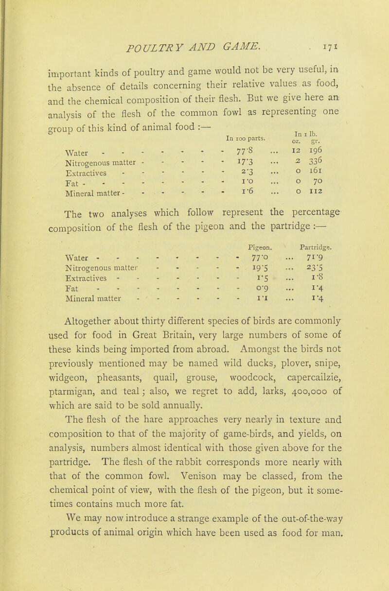 important kinds of poultry and game would not be very useful, in the absence of details concerning their relative values as food, and the chemical composition of their flesh. But we give here an analysis of the flesh of the common fowl as representing one group of this kind of animal food :— In 100 parts. In 1 lb. oz. gr. Water - 77'S 12 196 Nitrogenous matter - - 17-3 2 336 Extractives 2'3 ... O l6l Fat I -o O 70 Mineral matter I’6 O 112 The two analyses which follow represent the percentage composition of the flesh of the pigeon and the partridge Water - Pigeon. Partridge ... 71 *9 Nitrogenous matter - - - - - I9‘S - 23-5 Extractives - - - * i*S i-8 Fat 0-9 1'4 Mineral matter - - - - i'i 1-4 Altogether about thirty different species of birds are commonly used for food in Great Britain, very large numbers of some of these kinds being imported from abroad. Amongst the birds not previously mentioned may be named wild ducks, plover, snipe, widgeon, pheasants, quail, grouse, woodcock, capercailzie, ptarmigan, and teal; also, we regret to add, larks, 400,000 of which are said to be sold annually. The flesh of the hare approaches very nearly in texture and composition to that of the majority of game-birds, and yields, on analysis, numbers almost identical with those given above for the partridge. The flesh of the rabbit corresponds more nearly with that of the common fowl. Venison may be classed, from the chemical point of view, with the flesh of the pigeon, but it some- times contains much more fat. We may now introduce a strange example of the out-of-the-way products of animal origin which have been used as food for man.