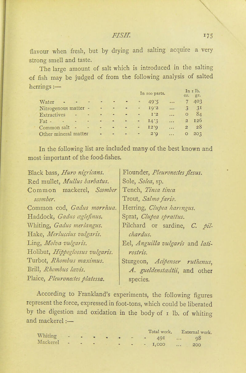 flavour when fresh, but by drying and salting acquire a very strong smell and taste. The large amount of salt which is introduced in the salting of fish may be judged of from the following analysis of salted herrings:— In 100 parts. In oz. xlb. gr- Water - - - 49'5 7 403 Nitrogenous matter - - I9‘2 •y 0 31 Extractives - I ‘2 0 84 Fat - 2 126 Common salt - - I2‘9 2 2S Other mineral matter - 2*9 0 203 In the following list are included many of the best known and most important of the food-fishes. Black bass, Huro nigricans. Red mullet, Mullus barbatus. Common mackerel, Scomber scomber. Common cod, Gadus morrhua. Haddock, Gadus ceglefinus. Whiting, Gadus merlangus. Hake, Merluccius vulgaris. Ling, Molva vulgaris. Holibut, Hippoglossus vulgaris. Turbot, Rhombus maximus. Brill, Rhombus Icevis. Plaice, Pleuronedes platessa. Flounder, Pleuronedes flesus. Sole, Solea, sp. Tench, Titica tinea Trout, Sal mo fario. Herring, Clupea harengus. Sprat, Clupea sprattus. Pilchard or sardine, C. pil- chardus. Eel, Anguilla vulgaris and lati- rostris. Sturgeon, Acipenser ruthenus, A. gueldenstcedtii, and other species. According to Frankland’s experiments, the following figures represent the force, expressed in foot-tons, which could be liberated by the digestion and oxidation in the body of 1 lb. of whiting and mackerel:— Total work. External work, 491 ••• 9S • * - - 1,000 ... 200 Whiting Mackerel