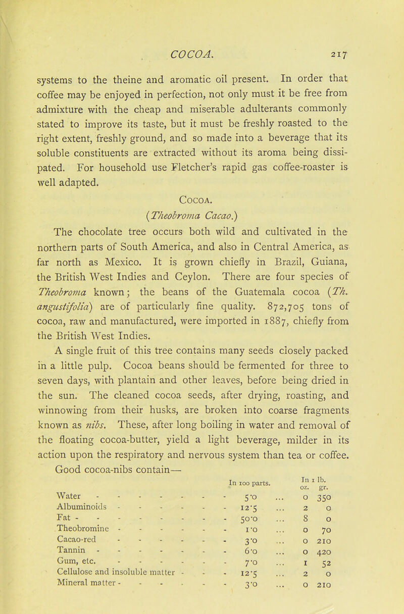 systems to the theine and aromatic oil present. In order that coffee may be enjoyed in perfection, not only must it be free from admixture with the cheap and miserable adulterants commonly stated to improve its taste, but it must be freshly roasted to the right extent, freshly ground, and so made into a beverage that its soluble constituents are extracted without its aroma being dissi- pated. For household use Fletcher’s rapid gas coffee-roaster is well adapted. Cocoa. (Theobroma Cacao) The chocolate tree occurs both wild and cultivated in the northern parts of South America, and also in Central America, as far north as Mexico. It is grown chiefly in Brazil, Guiana, the British West Indies and Ceylon. There are four species of Theobroma known; the beans of the Guatemala cocoa (Th. angustifolia) are of particularly fine quality. 872,705 tons of cocoa, raw and manufactured, were imported in 1887, chiefly from the British West Indies. A single fruit of this tree contains many seeds closely packed in a little pulp. Cocoa beans should be fermented for three to seven days, with plantain and other leaves, before being dried in the sun. The cleaned cocoa seeds, after drying, roasting, and winnowing from their husks, are broken into coarse fragments known as nibs. These, after long boiling in water and removal of the floating cocoa-butter, yield a light beverage, milder in its action upon the respiratory and nervous system than tea or coffee. Good cocoa-nibs contain— Water .... Albuminoids Fat Theobromine - Cacao-red Tannin .... Gum, etc. Cellulose and insoluble matter Mineral matter - In 100 parts. In oz. 1 lb. gr. 5‘0 O 350 12-5 2 0 50-0 8 0 I'O O 70 3'° O 210 6-o O 420 7-o I 52 12-5 2 O 3'o O 210