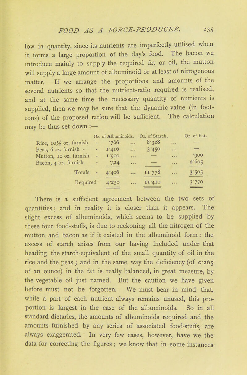 low in quantity* since its nutrients are imperfectly utilised when it forms a large proportion of the day’s food. The bacon we introduce mainly to supply the required fat or oil, the mutton will supply a large amount of albuminoid or at least of nitrogenous matter. If we arrange the proportions and amounts of the several nutrients so that the nutrient-ratio required is realised, and at the same time the necessary quantity of nutrients is supplied, then we may be sure that the dynamic value (in foot- tons) of the proposed ration will be sufficient. The calculation may be thus set down :— Oz. of Albuminoids. Oz. of Starch. Oz. of Fat. Rice, ioj^ oz. furnish 766 8-328 — Peas, 6 oz. furnish - 1-416 3-450 — Mutton, 10 oz. furnish - 1'900 — •900 Bacon, 4 oz. furnish •324 — 2-605 Totals - 4-406 II-778 3‘505 Required 4-250 II-4IO 3770 There is a sufficient agreement between the two sets of quantities; and in reality it is closer than it appears. The slight excess of albuminoids, which seems to be supplied by these four food-stuffs, is due to reckoning all the nitrogen of the mutton and bacon as if it existed in the albuminoid form: the excess of starch arises from our having included under that heading the starch-equivalent of the small quantity of oil in the rice and the peas; and in the same way the deficiency (of 0-265 of an ounce) in the fat is really balanced, in great measure, by the vegetable oil just named. But the caution we have given before must not be forgotten. We must bear in mind that, while a part of each nutrient always remains unused, this pro- portion is largest in the case of the albuminoids. So in all standard dietaries, the amounts of albuminoids required and the amounts furnished by any series of associated food-stuffs, are always exaggerated. In very few cases, however, have we the data for correcting the figures; we know that in some instances