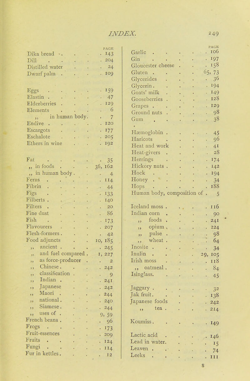 PAGE Dika bread •. . • • J43 Dill 204 Distilled water . . .24 Dwarf palm .... 109 Eggs . . • -159 Elastin . . . . -47 Elderberries . . . .129 Elements .... 6 „ in human body. . 7 Endive 120 Escargots . . . .177 Eschalote .... 205 Ethers in wine . . .192 Fat 35 ,, in foods . . . 36, 162 ,, in human body ... 4 Ferns . ... .114 Fibrin . . . . .44 Figs 133 Filberts . . . . .140 Filters . . . . .20 Fine dust . . . .86 Fish 173 Flavourers .... 207 Flesh-formers. . . .42 Food adjuncts . . 10, 185 ,, ancient .... 245 „ and fuel compared . 1, 227 ,, as force-producer . . 2 ,, Chinese. . . . 242 ,, classification ... 9 ,, Indian .... 241 ,, Japanese . . . 242 ,, Maori .... 244 ,, national. . . . 240 ,, Siamese.... 244 ,, uses of . . . 9) 59 French beans . . . .96 Frogs 173 Fruit-essences . . . 209 Fruits Fungi 114 Fur in kettles. . . .12 PAGE Gin • 197 Gloucester cheese . 158 Gluten . 65. 73 Glycerides • 36 Glycerin. • 194 Goats’ milk • 149 Gooseberries . . 128 Grapes . . 129 Ground nuts . • 98 Gum • 38 Haemoglobin . ■ 45 Haricots . 96 Heat and work • 4i Heat-givers . . 28 Herrings • 174 Hickory nuts . . 142 Hock • 194 Honey . • 34 Hops . 188 Human body, composition of . 5 Iceland moss . * . 116 Indian corn . . 90 ,, foods . . 241 ,, opium , . 224 ,, pulse . . 98 ,, wheat . : 64 Inosite . • 34 Inulin 29,105 Irish moss . 118 ,, oatmeal . . s4 Isinglass. • 45 Jaggary . • 32 Jak fruit. • 138 Japanese foods . 242 „ tea . . 2x4 Koumiss. ■ 149 Lactic acid . 146 Lead in water. • !5 Leaven . • 74 Leeks . hi s