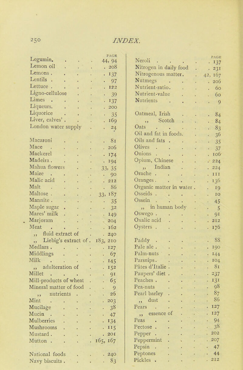 PAGE Legumin. . . .44, 94 Lemon oil ... 208 Lemons. . . . .137 Lentils ... . . 97 Lettuce ..... 122 Ligno-cellulose . . 39 Limes ..... 137 Liqueurs. .... 200 Liquorice . . . -35 Liver, calves’ . . . .169 London water supply . . 24 Macaroni . . . .81 Mace 206 Mackerel . . . .174 Madeira. . . . .194 Mahua flowers . . 33, 35 Maize . . . . .90 Malic acid .... 212 Malt S6 Maltose .... 33, 187 Mannite..... 35 Maple sugar . . . .32 Mares’ milk . . . . 149 Marjoram .... 204 Meat 162 ,, fluid extract of . . 240 ,, Liebig’s extract of . 183,210 Medlars ..... 127 Middlings . . . .67 Milk 145 ,, adulteration of . .152 Millet 91 Mill-products of wheat . . 65 Mineral matter of food . . 9 ,, nutrients . . .26 Mint 203 Mucilage . . . .38 Mucin ..... 47 Mulberries . . . .134 Mushrooms . . . . 115 Mustard. . . . .201 Mutton .... 165, 167 National foods . . . 240 Navy biscuits. . . -83 Neroli . PAGE • 137 Nitrogen in daily food . 231 Nitrogenous matter. 42, 167 Nutmegs . 206 Nutrient-ratio. . 60 Nutrient-value . 60 Nutrients • 9 Oatmeal, Irish . 84 ,, Scotch . 84 Oats • 83 Oil and fat in foods. • 36 Oils and fats . • 35 Olives • 37 Onions . . 106- Opium, Chinese . 224 „ Indian . 224 Orache . . hi Oranges. . 136 Organic matter in water. • 19 Osseids . . 10 Ossein . ■ 45 ,, in human body • 5 Oswego . . 91 Oxalic acid . 212 Oysters . . 176 Paddy . . SS Pale ale . . 190 Palm-nuts • 144 Parsnips. . 104 Pates d’ltalie . . 81 Paupers’ diet . • 237 Peaches . • 131 Pea-nuts . 98 Pearl barley . . 87 ,, dust . 86 Pears . 127 ,, essence of . 127 Peas • 94 Pectose . • 3& Pepper . . 202 Peppermint . . 207 Pepsin . • 47 Peptones • 44 Pickles . . 212