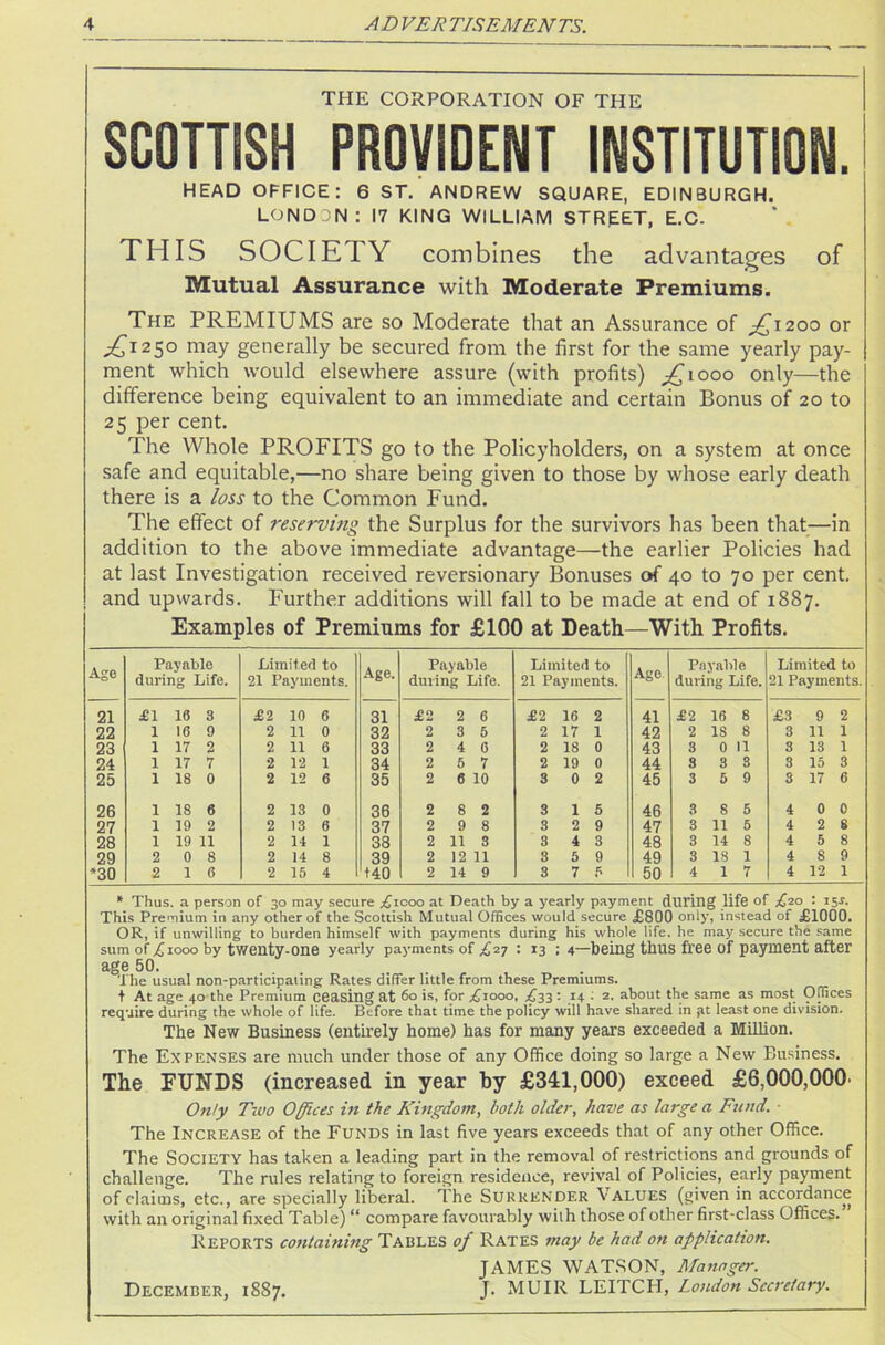 THE CORPORATION OF THE SCOTTISH PROVIDENT INSTITUTION. HEAD OFFICE: 6 ST. ANDREW SQUARE, EDINBURGH. LONDON: 17 KING WILLIAM STREET, E.C. THIS SOCIETY combines the advantages of Mutual Assurance with Moderate Premiums. The PREMIUMS are so Moderate that an Assurance of jffnoo or ^£1250 may generally be secured from the first for the same yearly pay- ment which would elsewhere assure (with profits) ^1000 only—the difference being equivalent to an immediate and certain Bonus of 20 to 25 per cent. The Whole PROFITS go to the Policyholders, on a system at once safe and equitable,—no share being given to those by whose early death there is a loss to the Common Fund. The effect of reserving the Surplus for the survivors has been that—in addition to the above immediate advantage—the earlier Policies had at last Investigation received reversionary Bonuses of 40 to 70 per cent, and upwards. Further additions will fall to be made at end of 1887. Examples of Premiums for £100 at Death—With Profits. Age Payable during Life. Limited to 21 Payments. Age. Payable during Life. Limited to 21 Payments. Age Payable during Life. Limited to 21 Payments. 21 £1 10 3 £2 10 6 31 £2 2 6 £2 16 2 41 £2 16 8 £3 9 2 22 1 16 9 2 11 0 32 2 3 5 2 17 1 42 2 IS 8 3 11 1 23 1 17 2 2 11 6 33 2 4 0 2 18 0 43 3 0 11 3 13 1 24 1 17 7 2 12 1 34 2 5 7 2 19 0 44 3 3 3 3 15 3 25 1 18 0 2 12 6 35 2 6 10 3 0 2 45 3 5 9 3 17 6 26 1 18 6 2 13 0 36 2 8 2 3 1 5 46 3 8 5 4 0 0 27 1 19 2 2 13 6 37 2 9 8 3 2 9 47 3 11 5 4 2 S 28 1 19 11 2 14 1 33 2 11 3 3 4 3 48 3 14 8 4 5 8 29 2 0 8 2 14 8 39 2 12 11 3 5 9 49 3 18 1 4 8 9 *30 2 1 6 2 15 4 t40 2 14 9 3 7 5 50 4 1 7 4 12 1 * Thus, a person of 30 may secure 6'coo at Death by a yearly payment during life of £20 : 15-t. This Premium in any other of the Scottish Mutual Offices would secure £800 only, instead of £1000. OR, if unwilling to burden himself with payments during his whole life, he may secure the same sum of £ 1000 by twenty-one yearly payments of £27 : 13 ; 4—being thus free of payment after age 50. The usual non-participating Rates differ little from these Premiums. t At age 40 the Premium ceasing at 6° is, for ,61000, ,633 : 14 : 2. about the same as most Offices require during the whole of life. Before that time the policy will have shared in pt least one division. The New Business (entirely home) has for many years exceeded a Million. The Expenses are much under those of any Office doing so large a New Business. The FUNDS (increased in year by £341,000) exceed £6,000,000' Only Two Offices in the Kingdom, both older, have as large a Fund. ■ The Increase of the Funds in last five years exceeds that of any other Office. The Society has taken a leading part in the removal of restrictions and grounds of challenge. The rules relating to foreign residence, revival of Policies, early payment of claims, etc., are specially liberal. The Surrender Values (given in accordance with an original fixed Table) “ compare favourably with those of other first-class Offices. Reports containing Tables of Rates may be had on application. JAMES WATSON, Manager. December, 1887. J. MUIR LEITCH, Loudon Secretary.