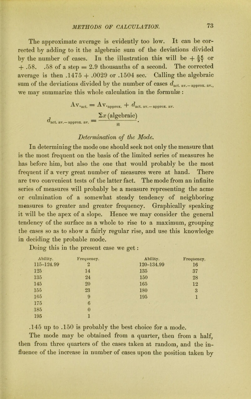 The approximate average is evidently too low. It can be cor- rected by adding to it the algebraic sum of the deviations divided by the number of cases. In the illustration this will be -f ff oi* + .58. .58 of a step = 2.9 thousanths of a second. The corrected average is then .1475 + .0029 or .1504 sec. Calling the algebraic sum of the deviations divided by the number of cases d^ct. av.-approx, av., we may summarize this whole calculation in the formulae : ''^^•act. -^^’approx. 4“ act. av.—approx, av. av.—approx, av. 'Lx (algebraic) n Determination of the Mode. In determining the mode one should seek not only the measure that is the most frequent on the basis of the limited series of measures he has before him, but also the one that would probably be the most frequent if a very great number of measures were at hand. There are two convenient tests of the latter fact. The mode from an infinite series of measures will probably be a measure representing the acme or culmination of a somewhat steady tendency of neighboring measures to greater and greater frequency. Graphically speaking it will be the apex of a slope. Hence we may consider the general tendency of the surface as a whole to rise to a maximum, grouping the cases so as to show a fairly regular rise, and use this knowledge in deciding the probable mode. Doing this in the present case we get: Ability. Frequency. Ability. Frequency. 115-124.99 2 120-134.99 16 125 14 135 37 135 24 150 28 145 20 165 12 155 23 180 3 165 9 195 1 175 6 185 0 195 1 .145 up to .150 is probably the best choice for a mode. The mode may be obtained from a quarter, then from a half, then from three quarters of the cases taken at random, and the in- fluence of the increase in number of cases upon the position taken by
