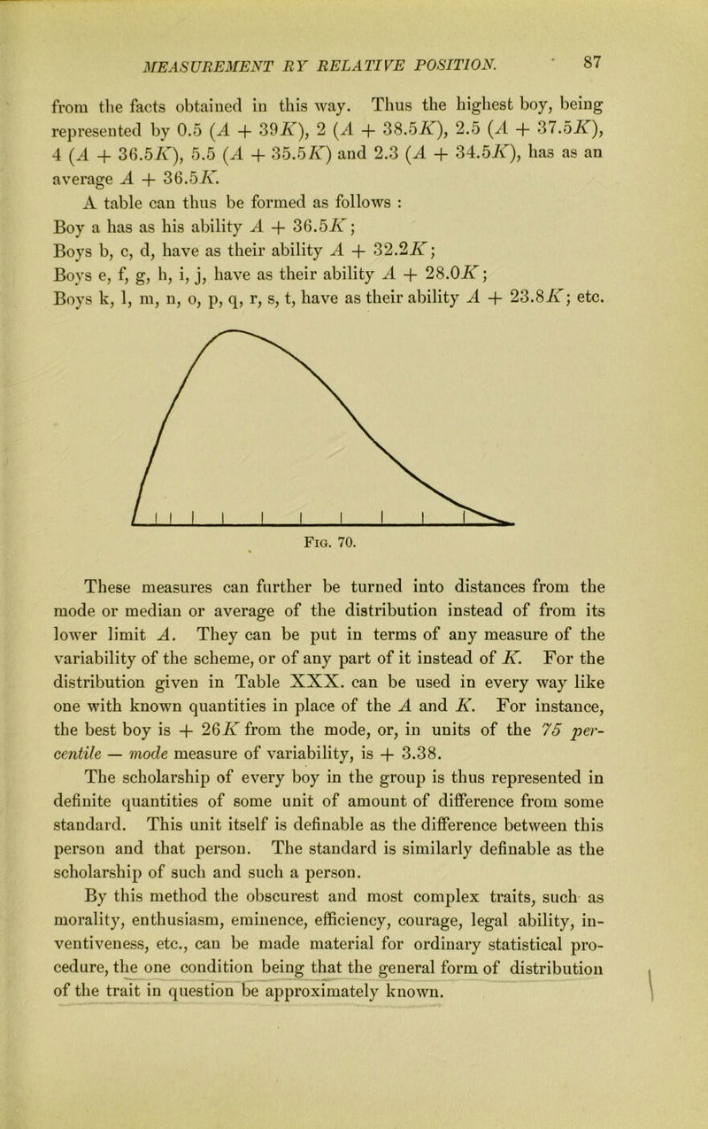 from the facts obtained in this way. Thus the highest boy, being represented by 0.5 (^A + 39Ji), 2 (J[ + SS.5K), 2.5 {^A + 37.5iT), 4 4- 36.5/v), 5.5 {A + Zb.bK) and 2.3 {A + 34.5if), has as an average A + SQ.bK. A table can thus be formed as follows : Boy a has as his ability A + 36.5/T; Boys b, c, d, have as their ability A + Z2.2K; Boys e, f, g, h, i, j, have as their ability A + 28.0iT; Boys k, 1, m, n, o, p, q, r, s, t, have as their ability A + 2S.SK; etc. These measures can farther be turned into distances from the mode or median or average of the distribution instead of from its lower limit A. They can be put in terms of any measure of the variability of the scheme, or of any part of it instead of K. For the distribution given in Table XXX. can be used in every way like one with known quantities in place of the A and K. For instance, the best boy is + 26iT from the mode, or, in units of the 75 per- centile — mode measure of variability, is + 3.38. The scholarship of every boy in the group is thus represented in definite quantities of some unit of amount of difference from some standard. This unit itself is definable as the difference between this person and that person. The standard is similarly definable as the scholarship of such and such a person. By this method the obscurest and most complex traits, such as morality, enthusiasm, eminence, efficiency, courage, legal ability, in- ventiveness, etc., can be made material for ordinary statistical pro- cedure, the one condition being that the general form of distribution of the trait in question be approximately known.