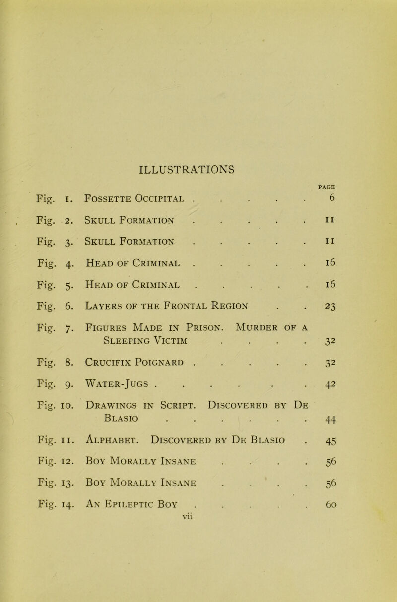 Fig- I. Fig. 2. Fig. 3- Fig. 4- Fig. 5- Fig. 6. Fig. 7- Fig. 8. Fig. 9* Fig. 10. Fig. 11. Fig. 12. Fig. 13- Fig. 14- Fossette Occipital . Skull Formation ..... Skull Formation ..... Head of Criminal ..... Head of Criminal . . . . . Layers of the Frontal Region Figures Made in Prison. Murder of a Sleeping Victim .... Crucifix Poignard ..... Water-Jugs .... Drawings in Script. Discovered by De Blasio ...... Alphabet. Discovered by De Blasio Boy Morally Insane . . . . Boy Morally Insane . Vll PAGE 6 ii ii 16 16 23 32 32 42 44 45 56 56 An Epileptic Boy Co