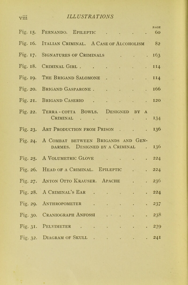 Pier 15- Fernando. Epileptic .... PAGE 60 Fig. 16. Italian Criminal. A Case of Alcopiolism 82 Fig. 17- Signatures of Criminals 163 Fig. 18. Criminal Girl ...... 114 Fig. 19. The Brigand Salomone .... 114 Fig. 20. Brigand Gasparone ..... 166 Fio 21. Brigand Caserio ..... 120 Fio- 22. Terra - cotta Bowls. Designed by a Criminal ...... 134 Fio- x A&* 23- Art Production from Prison . 136 Ficr 24. A Combat between Brigands and Gen- darmes. Designed by a Criminal I36 Fig. 25- A Volumetric Glove .... 224 Fig. 26. Head of a Criminal. Epileptic 224 Fig. 27. Anton Otto Krauser. Apache 236 Fig. 28. A Criminal’s Ear ..... 224 Fig. 29. Anthropometer ..... 237 Fig. 30. Craniograph Anfossi .... 238 Fig. Si- Pelvimeter ...... 239 Fig. 32- Diagram of Skull ..... 24I