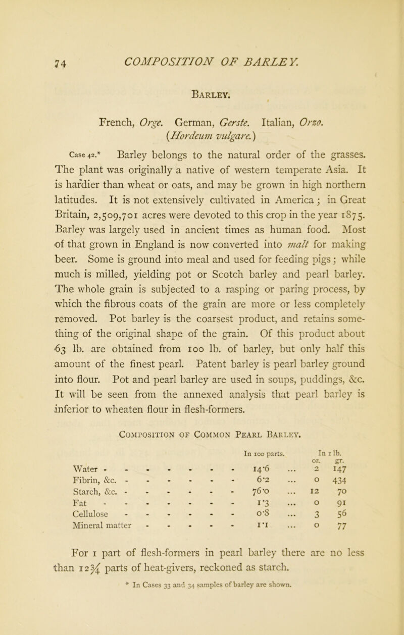 Barley. French, Orge. German, Gerste. Italian, Orzo. (Hordeum vulgare.) Case 42.* Barley belongs to the natural order of the grasses. The plant was originally a native of western temperate Asia. It is hardier than wheat or oats, and may be grown in high northern latitudes. It is not extensively cultivated in America; in Great Britain, 2,509,701 acres were devoted to this crop in the year 1875. Barley was largely used in ancient times as human food. Most of that grown in England is now converted into malt for making beer. Some is ground into meal and used for feeding pigs; while much is milled, yielding pot or Scotch barley and pearl barley. The whole grain is subjected to a rasping or paring process, by which the fibrous coats of the grain are more or less completely removed. Pot barley is the coarsest product, and retains some- thing of the original shape of the grain. Of this product about •63 lb. are obtained from 100 lb. of barley, but only half this amount of the finest pearl. Patent barley is pearl barley ground into flour. Pot and pearl barley are used in soups, puddings, &c. It will be seen from the annexed analysis that pearl barley is inferior to wheaten flour in flesh-formers. Composition of Common Pearl Barley. Water - In 100 parts. 14*6 In oz. 2 1 lb. gr- 147 Fibrin, &c. - - - 6*2 O 434 Starch, &c. - - - 76^0 12 70 Fat ... - - 1 *3 O 9i Cellulose - - o-8 3 56 Mineral matter m m • i*i 0 77 For 1 part of flesh-formers in pearl barley there are no less than 12 3/£ parts of heat-givers, reckoned as starch. * In Cases 33 and 34 samples of barley are shown.