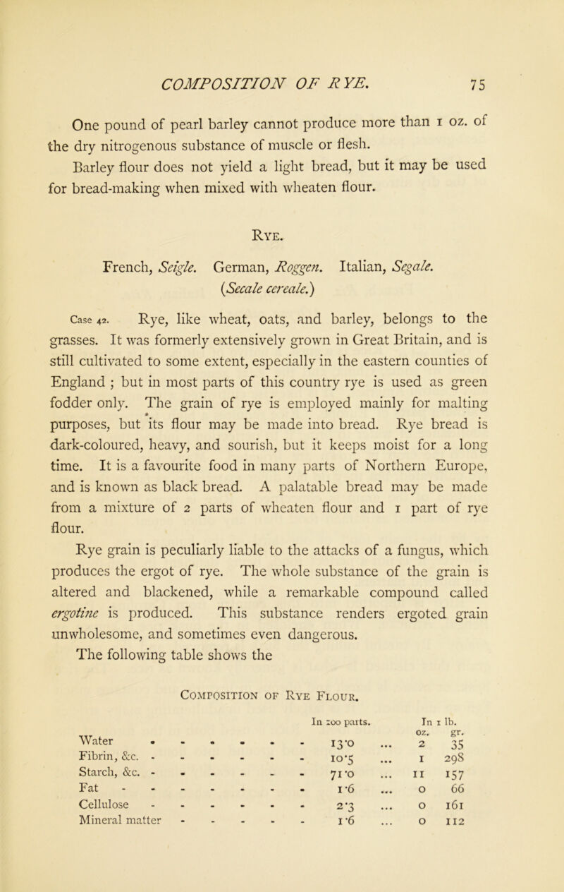 One pound of pearl barley cannot produce more than i oz. of the dry nitrogenous substance of muscle or flesh. Barley flour does not yield a light bread, but it may be used for bread-making when mixed with wheaten flour. Rye. French, Seigle. German, Roggen. Italian, Segale. (Secale cereale.) Case 42. Rye, like wheat, oats, and barley, belongs to the grasses. It was formerly extensively grown in Great Britain, and is still cultivated to some extent, especially in the eastern counties of England ; but in most parts of this country rye is used as green fodder only. The grain of rye is employed mainly for malting purposes, but its flour may be made into bread. Rye bread is dark-coloured, heavy, and sourish, but it keeps moist for a long time. It is a favourite food in many parts of Northern Europe, and is known as black bread. A palatable bread may be made from a mixture of 2 parts of wheaten flour and 1 part of rye flour. Rye grain is peculiarly liable to the attacks of a fungus, which produces the ergot of rye. The whole substance of the grain is altered and blackened, while a remarkable compound called ergotme is produced. This substance renders ergoted grain unwholesome, and sometimes even dangerous. The following table shows the Composition of Rye Flour. Water • • • In 100 parts. I3-0 In oz. 2 x lb. gr* 35 Fibrin, &c. - • - - io*5 I 298 Starch, &c. - - - - 71*0 II i57 Fat ... - - - • i-6 O 66 Cellulose - - • ^ D • • • O 161 Mineral matter - . • i*6 O 112